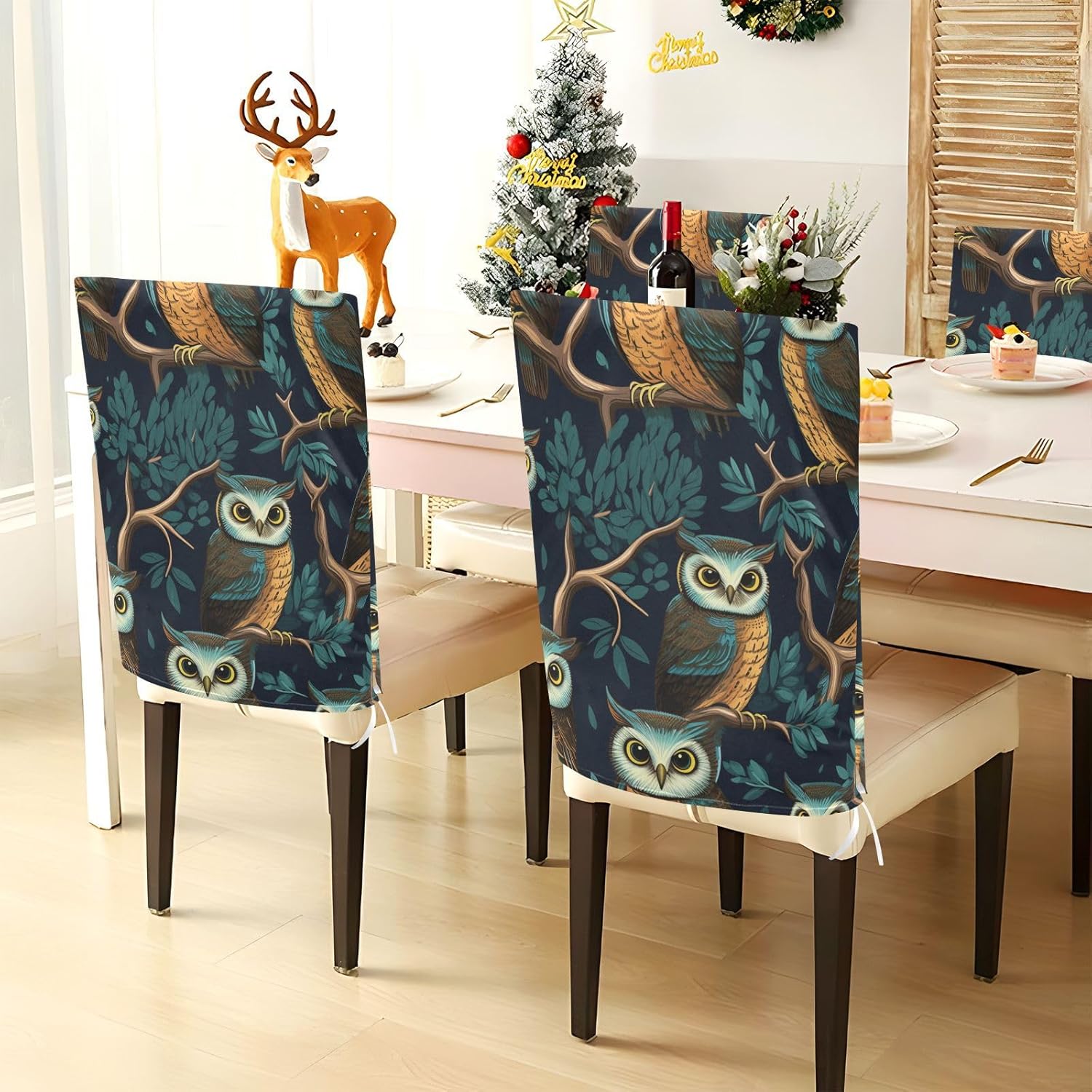 ALAZA Vintage Owl Branches Chair Back Cover Set of 6, Washable Reusable Removable Chair Slipcovers Decorative Chair Cover for Home Kitchen Wedding Party