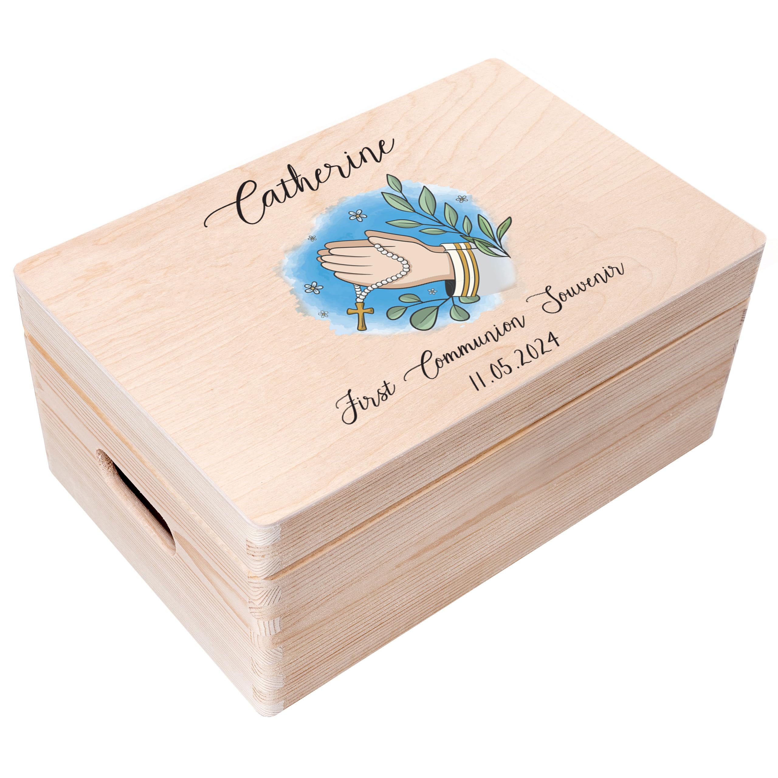 Creative Deco Personalised First Holy Communion Gift for Girls or Boys - Praying Hands with Rosary | Unique Custom Boxes | Customised Wooden Storage Box with Hinged Lid | Keepsake/Decoration