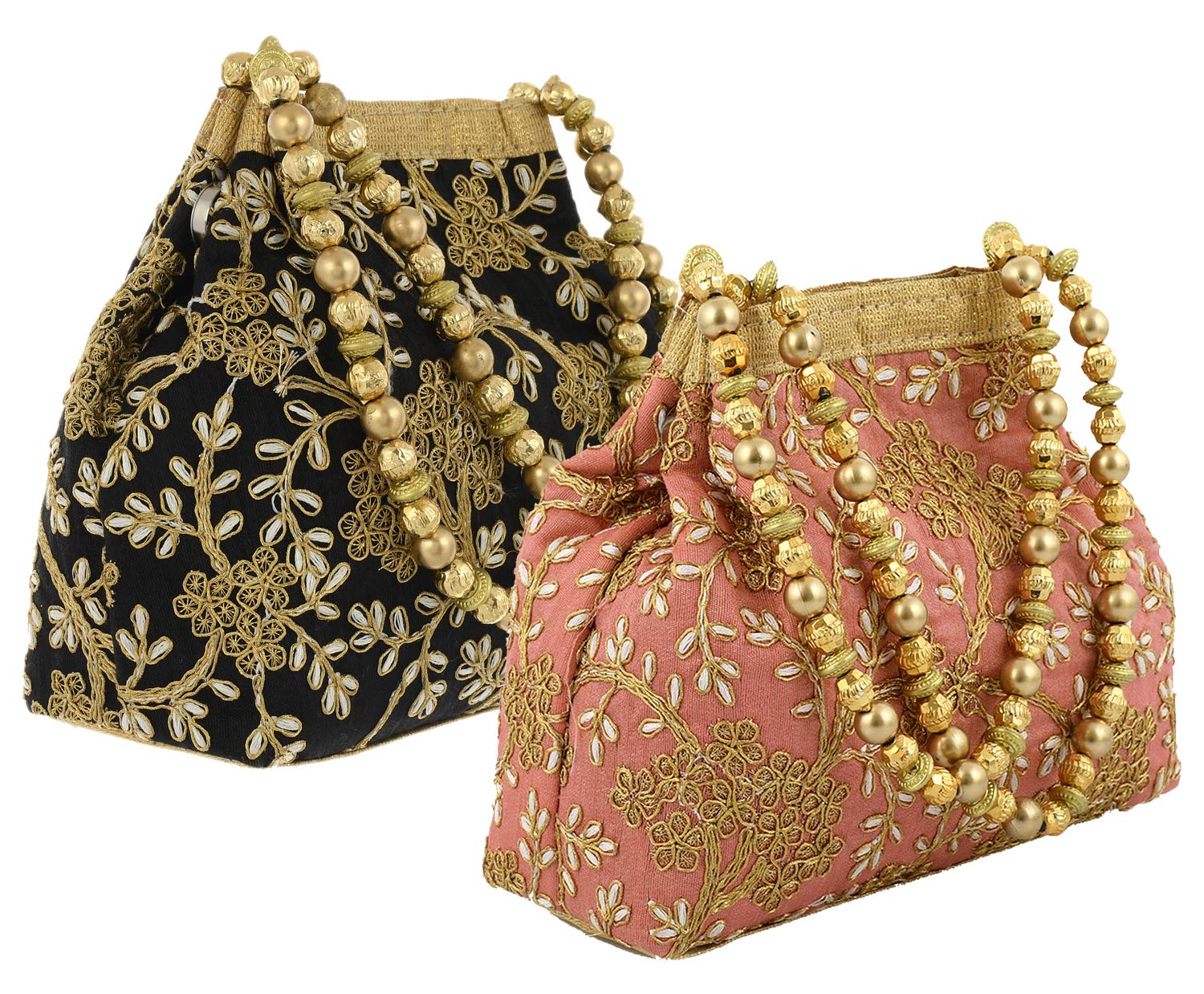 Heart Home Polyester 2 Pieces Embroidered Potli Batwa Pouch Bag for Women (Peach & Black) HEART2884-image-33