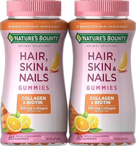 Nature's Bounty Uñas para la piel del cabello con biotina y colágeno, naranja, paquete de 80 unidades, (paquete de 2)
