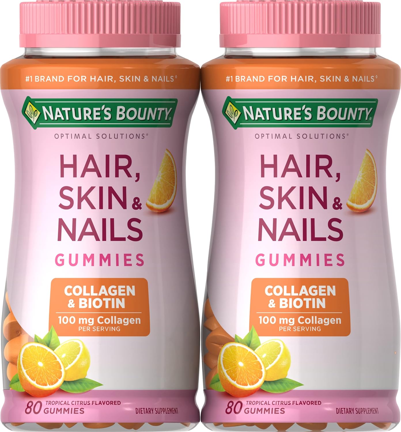Nature's Bounty Hair, Skin & Nails with Biotin and Collagen, Citrus-Flavored Gummies Vitamin Supplement, Supports Hair, Skin, and Nail Health for Women, 2500 mcg, 80 Ct (2...