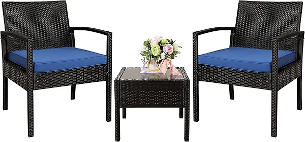 PAOLFOX 3 Piece Outdoor Patio Furniture Sets, Rattan Conversation Set with Soft Cushion, Wicker Chairs with Coffee Table for Yard Backyard Lawn Porch Poolside Balcony, Blue