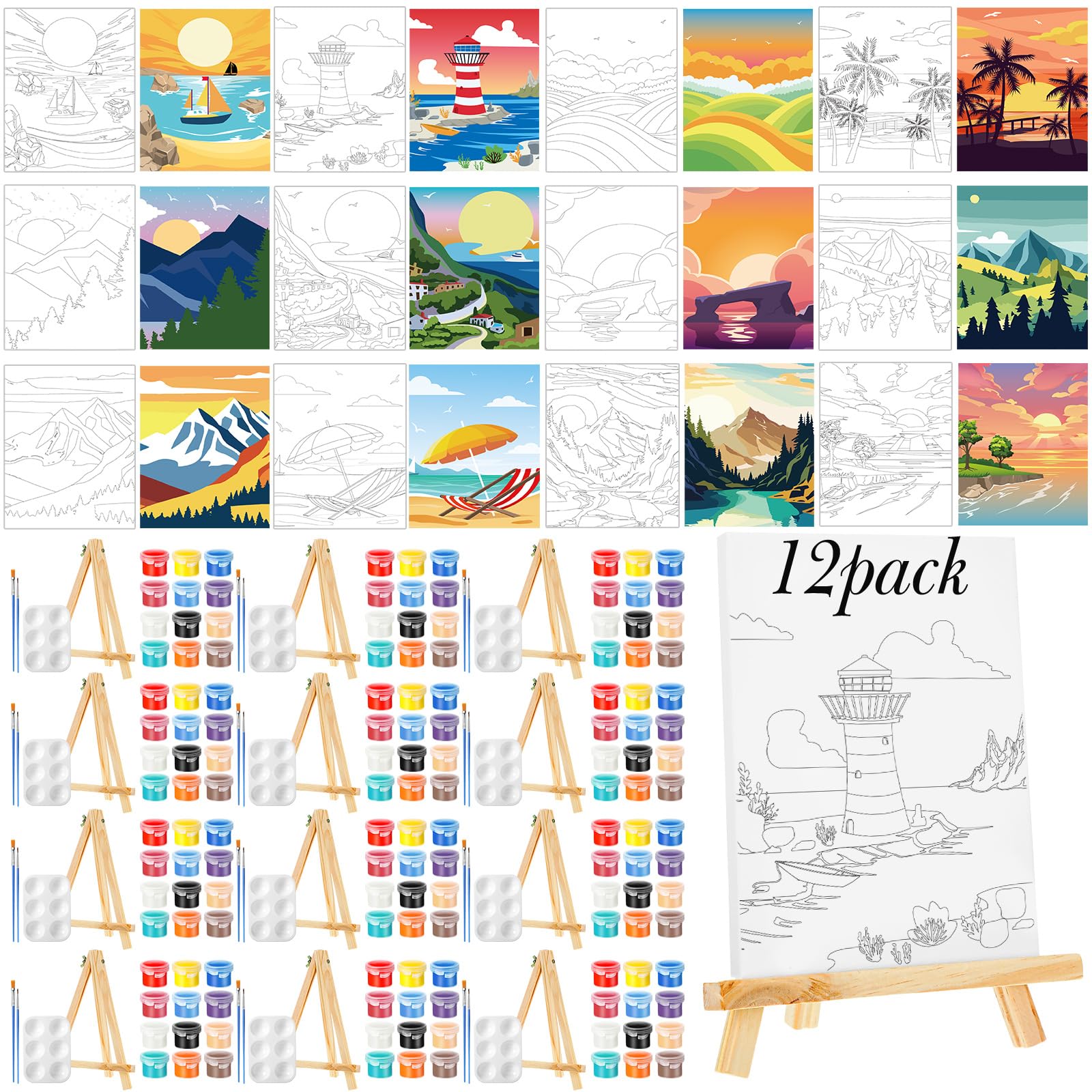 12 Pack Pre Drawn Canvas for Painting Landscape Paint Art Set Painting Drawn Canvas Paint Kit DIY Oil Painting for Kids New Year Pre Printed Sip and Paint Party Favor Virtual Party Birthday