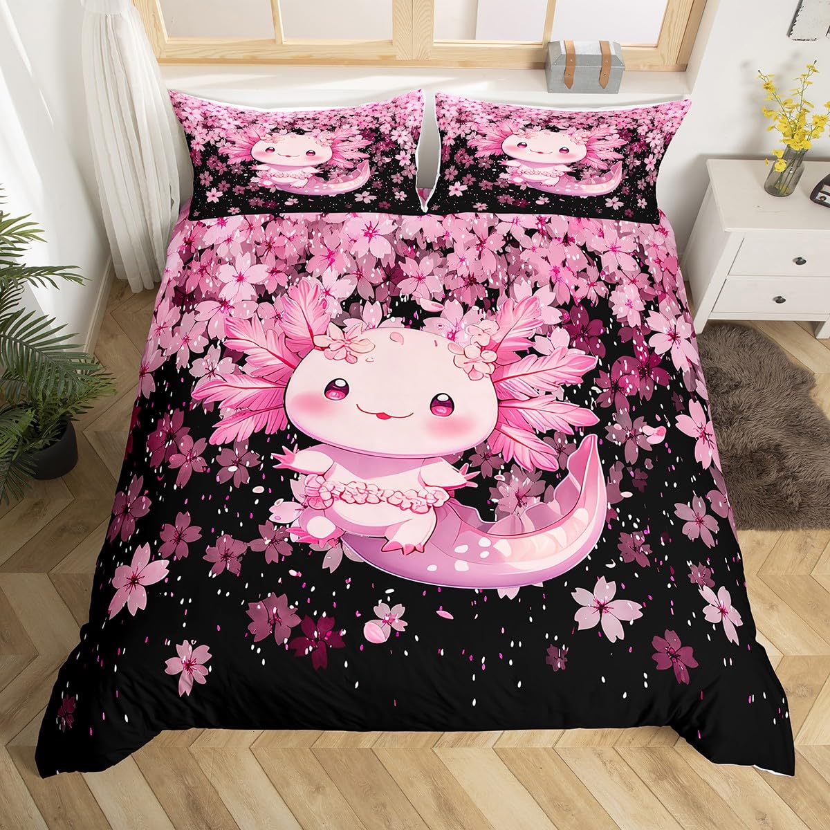 Homemissing Axolotl Bettbezug Set Süß Tier Bettwäsche Set 135x200cm für Kinder Mädchen Rosa Kirschblüten Prinzessin Bettwäsche-Set mit 1 Kissenbezug 80x80cm