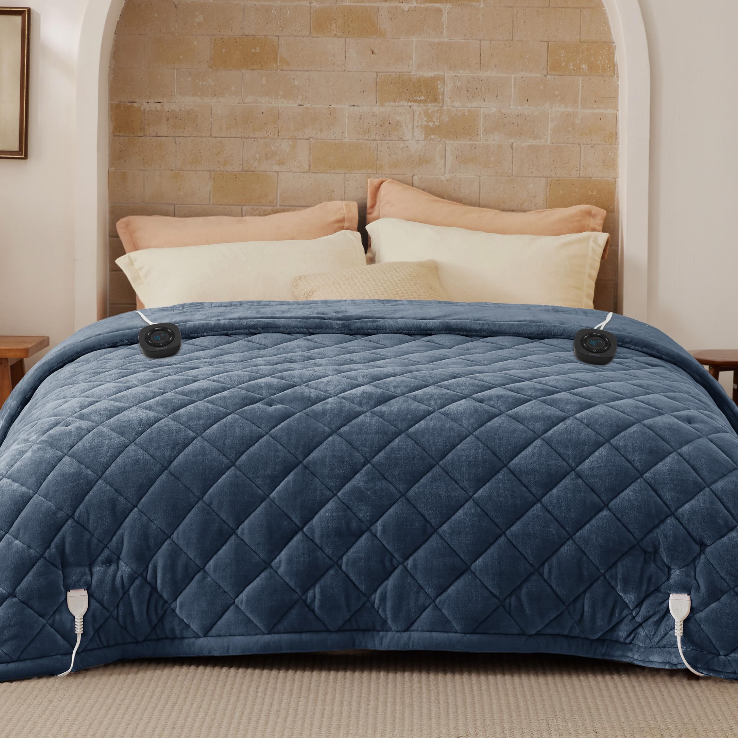 Bedsure Quilted Heated Blanket Queen Size, Filled for Extra Warmth, Blue