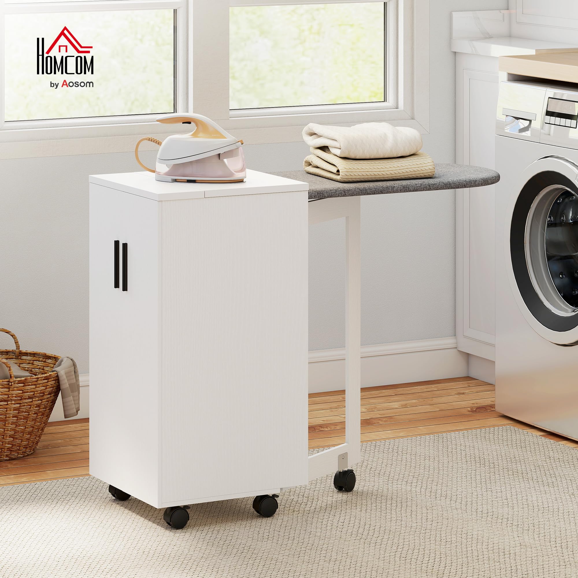 HOMCOM Meuble à Repasser 2 en 1, Table à Repasser Pliante sur roulettes avec étagère réglable et charnières à Fermeture Douce, Meuble Rangement pour Petits espaces, buanderie, 128 x 43 x 83 cm, Blanc