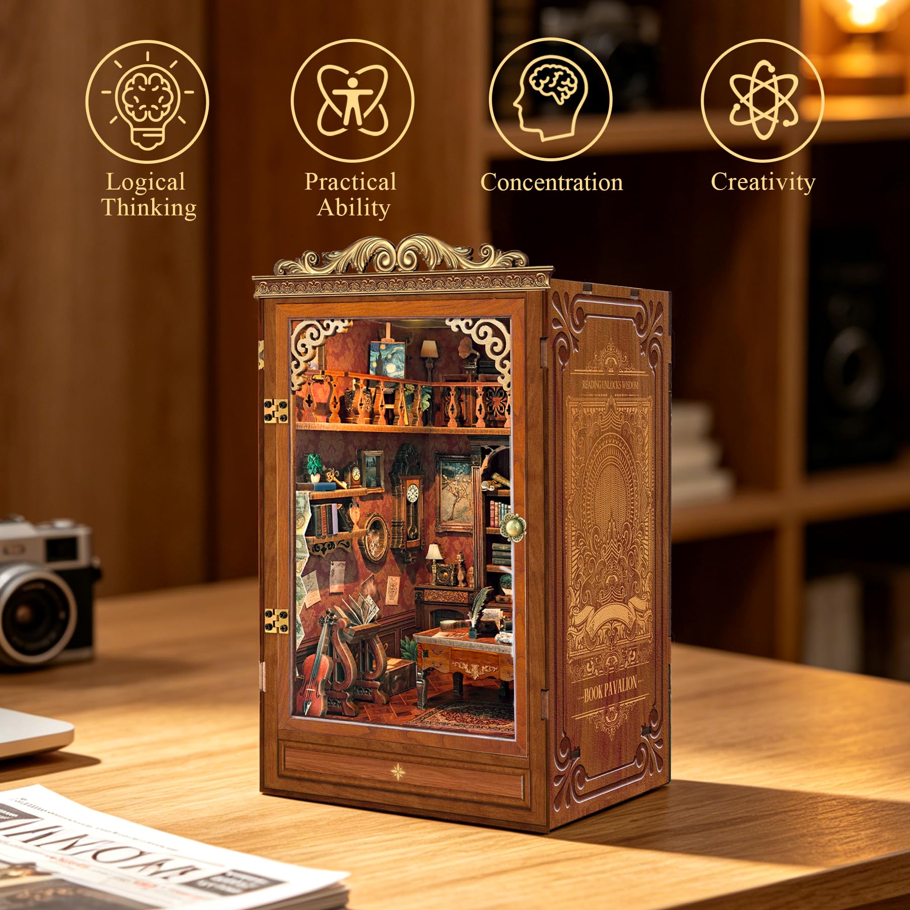 LUMYCE Kit DIY Book Nook – Casa En Miniatura De Madera Con Luces LED, 194 Piezas Para Montar, Estilo Vintage, Perfecto Para Decorar Estanterías