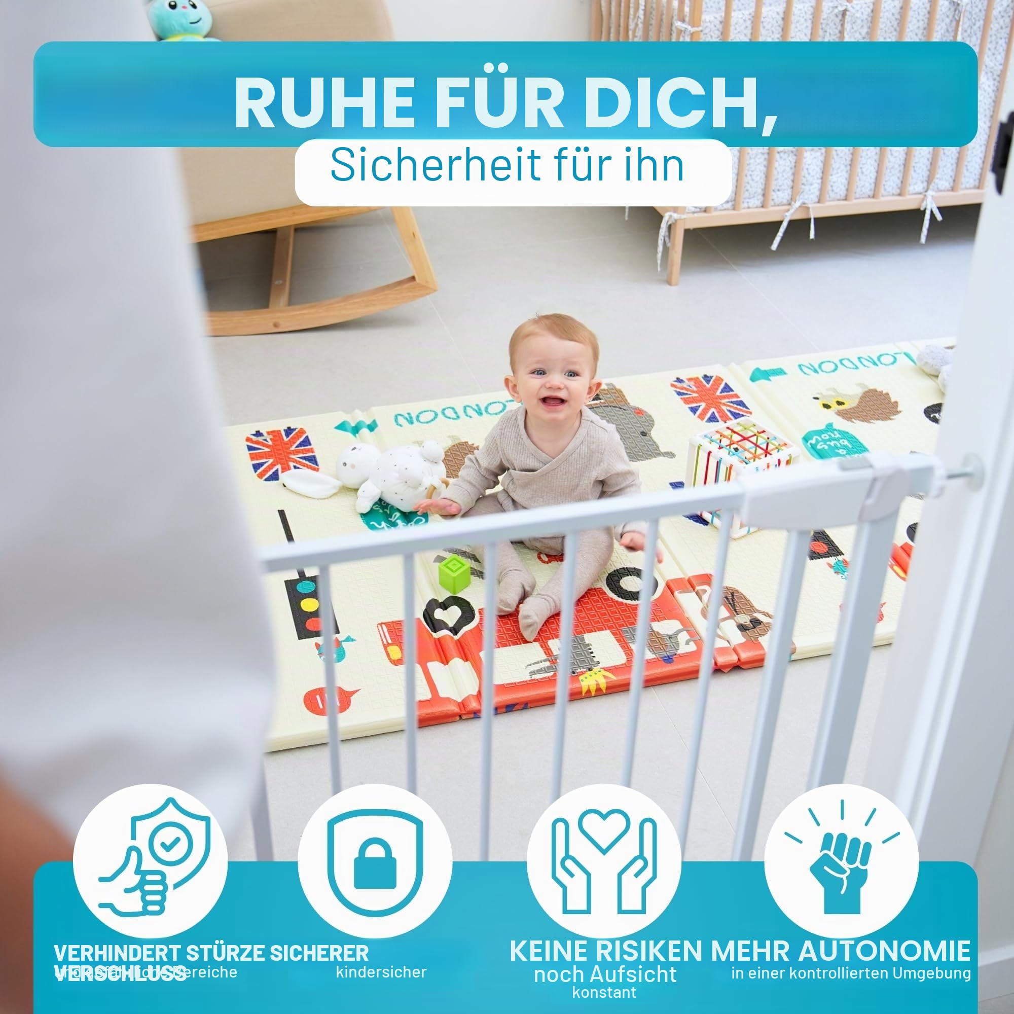 ALMAR Baby Sicherheitsgitter, 67-74 cm, Weiß, einfache Montage, ohne Schrauben für Türen, Flure oder Treppen, weißer Zaun mit automatischem Verriegelungssystem