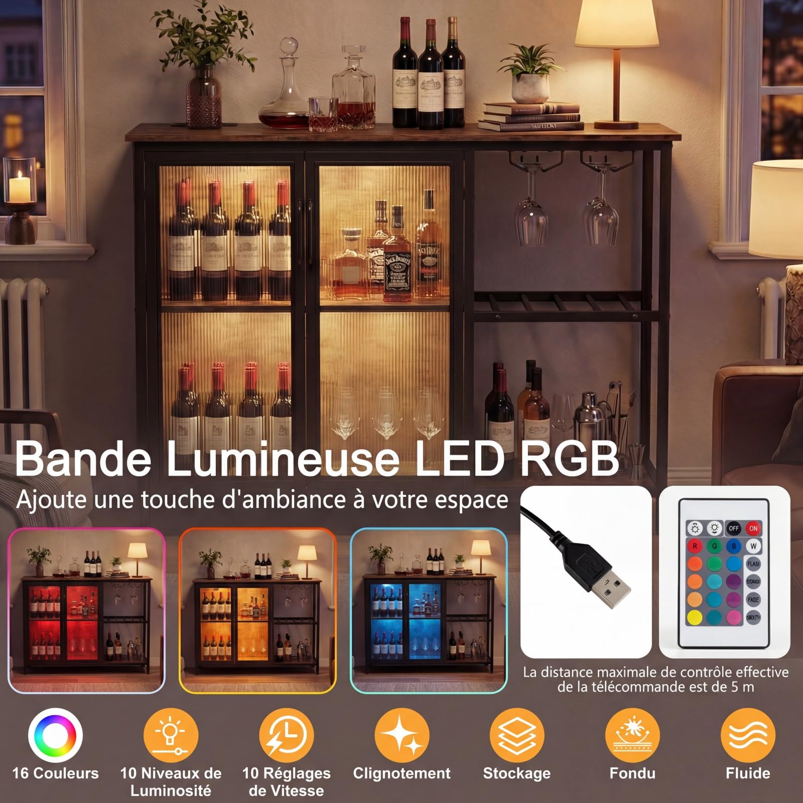 COSTWAY Meuble Bar à Vin avec Multiprise & Lumières LED, Buffet Cuisine Éclairage avec Casier à Vin et Porte-Verres, Style Industriel, pour Cuisine, Salon, Salle à Manger