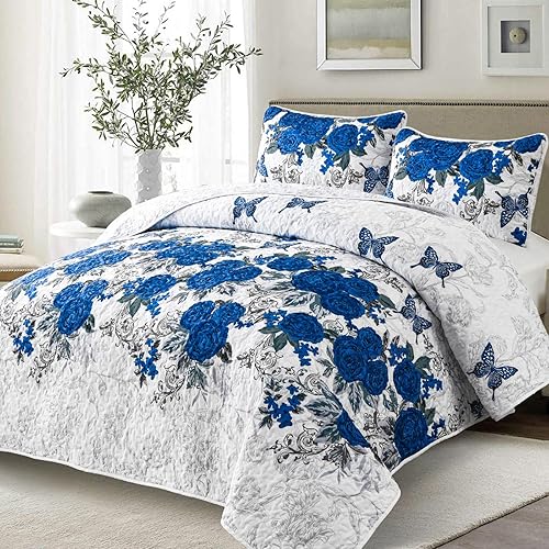 Miniatura 2 de Yiran Juego de edredón floral de rosas azules, colcha de mariposa con 2 fundas de almohada, colcha de microfibra ligera y suave, 90 x 96 pulgadas