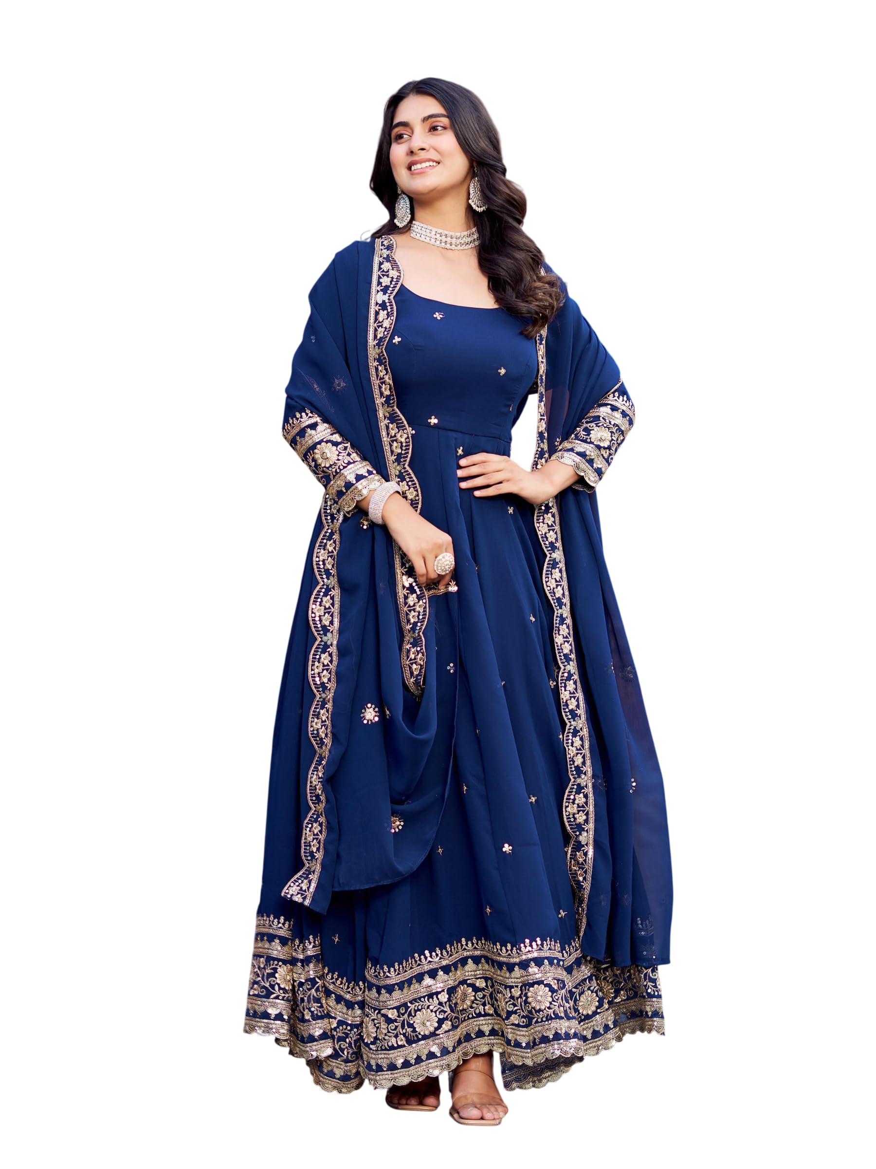 htlt fashion Women Embroidered Faux Georgette Gown with Dupatta & Pant Set | Sequence Work Ethnic Anarkali Dress for Women-picture-25