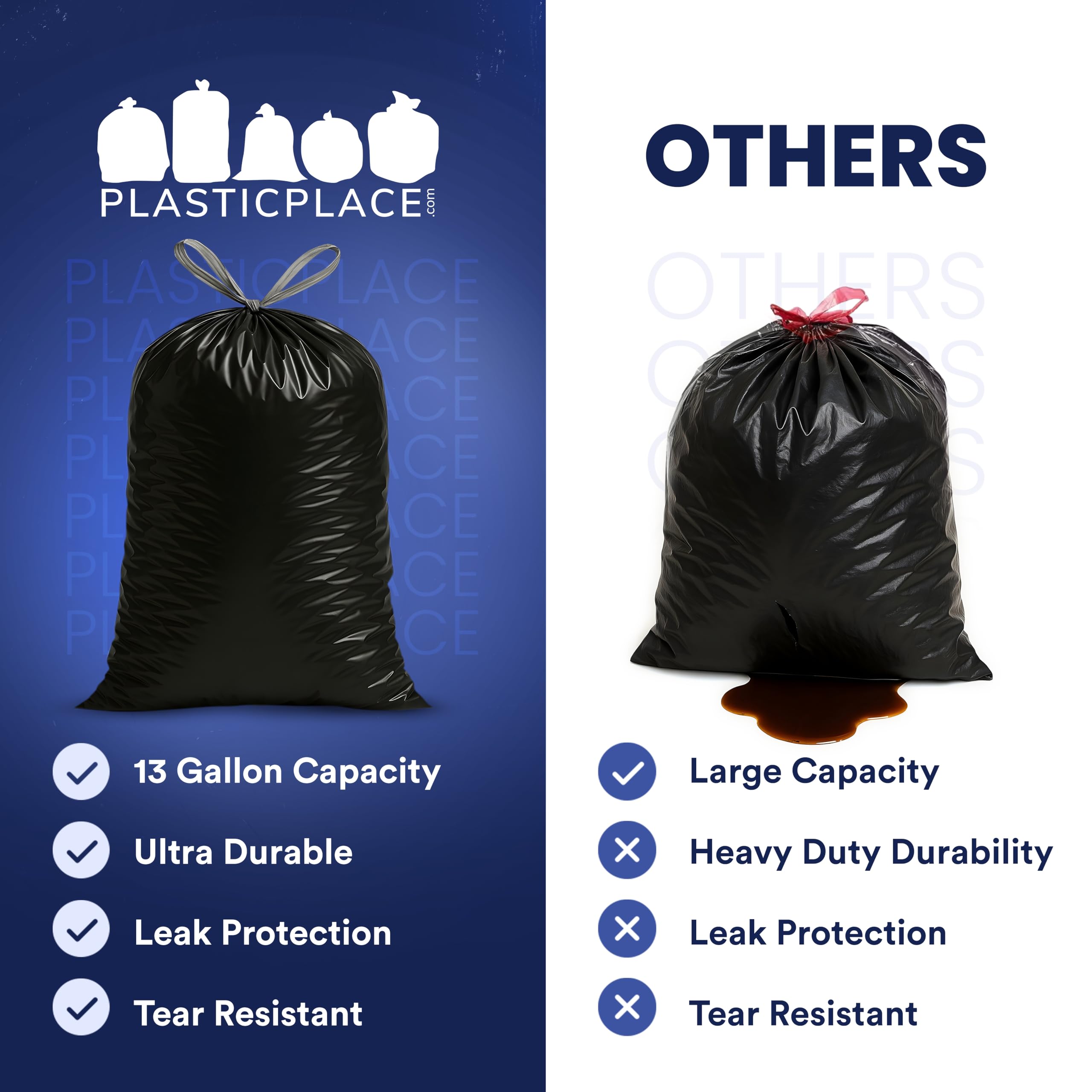 Plasticplace Bolsas de basura de cocina extra altas con cordón de 13 galones | Negro 1.2 mil, 24 pulgadas de ancho x 31 pulgadas de alto (200 unidades)
