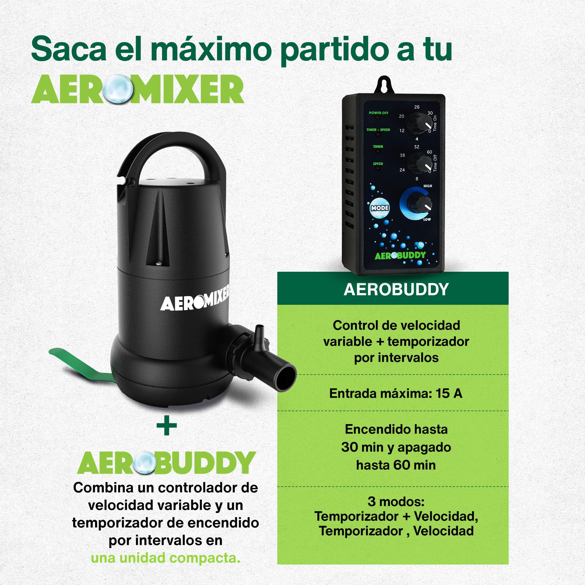 AEROMIXER Aerobuddy EU Zeitschaltuhr Steckdose mit Intervallsteuerung & Drehzahlregler für Pumpen – Steckdosentimer zur Pumpensteuerung von Misch- und Belüftungszyklen in Gartenbau & Landwirtschaft