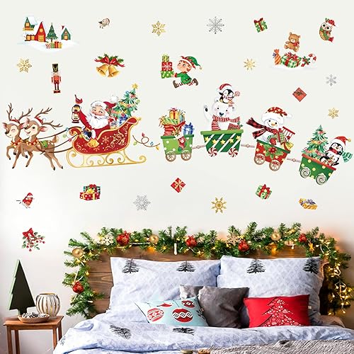 Miniatura 4 de decalmile Calcomanías de pared para ventana de Navidad, Papá Noel, renos, calcomanías de pared, tren de Navidad, muñeco de nieve, pingüino, oso,