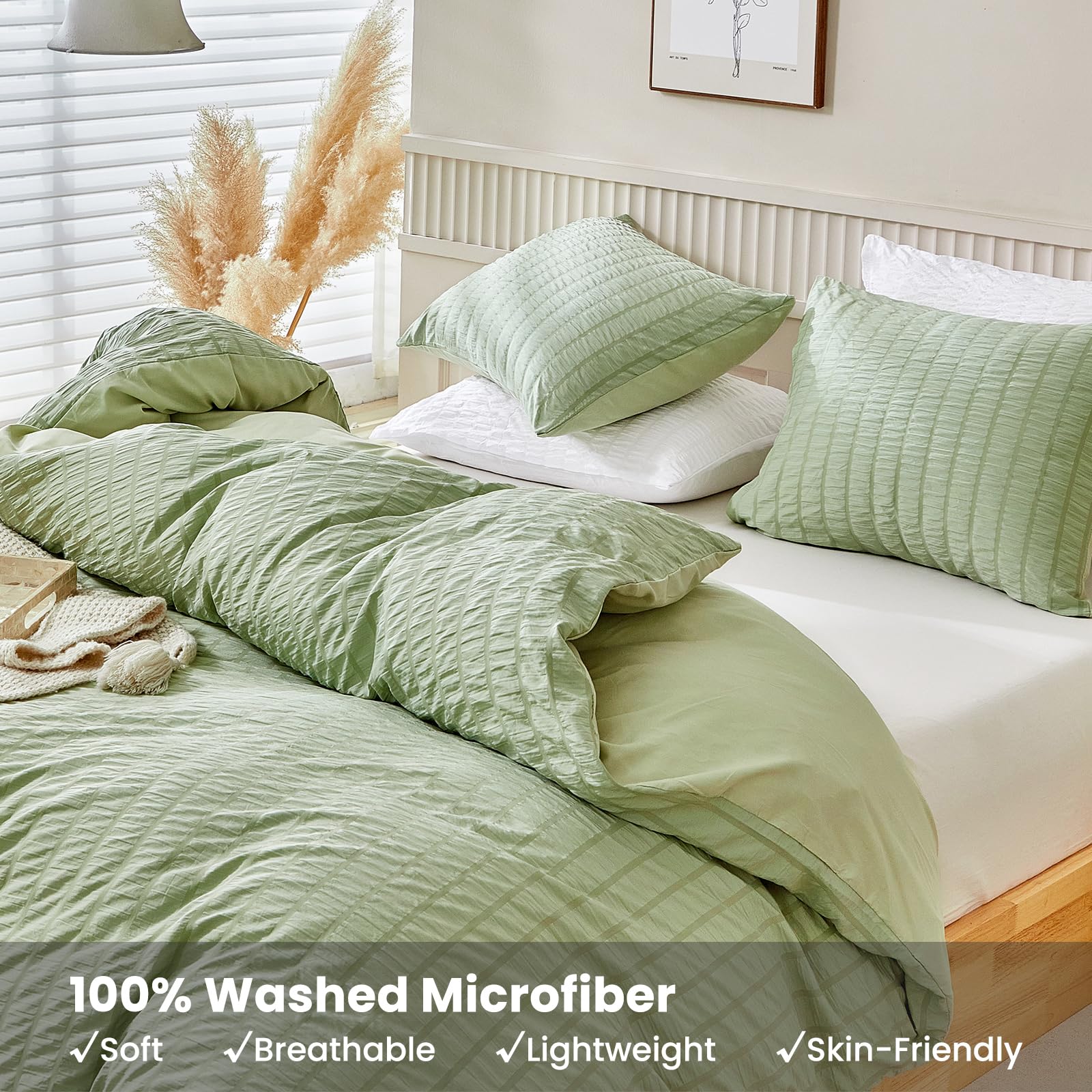 MUKKA Sage Green Duvet Cover Set – Full Size, 3-Piece Microfiber Set With Bow Knot Closure