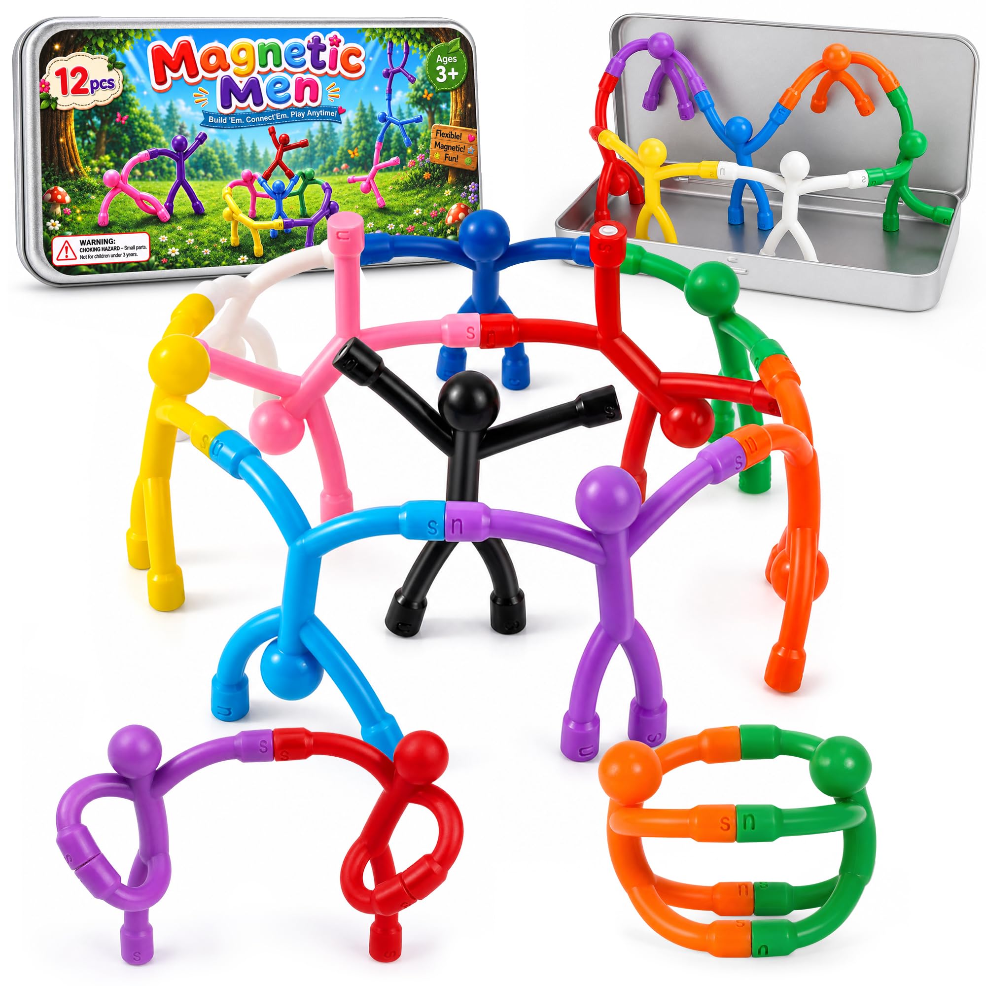 12 Pcs Magnetic Men Fidget Toys for Kids, Magnet Travel Toys with Metal Box