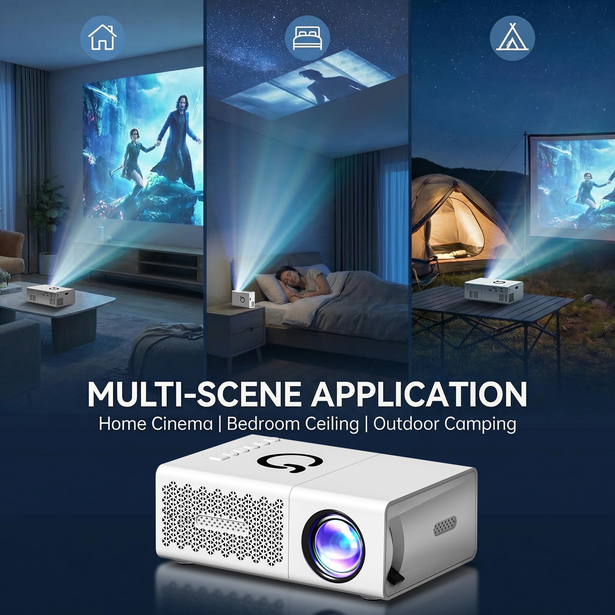 Mini proiettore, videoproiettore portatile, risoluzione locale di 720p, supporta 1080p, adatto per l'uso con smartphone, tablet e USB, offre effetti visivi 3D realistici
