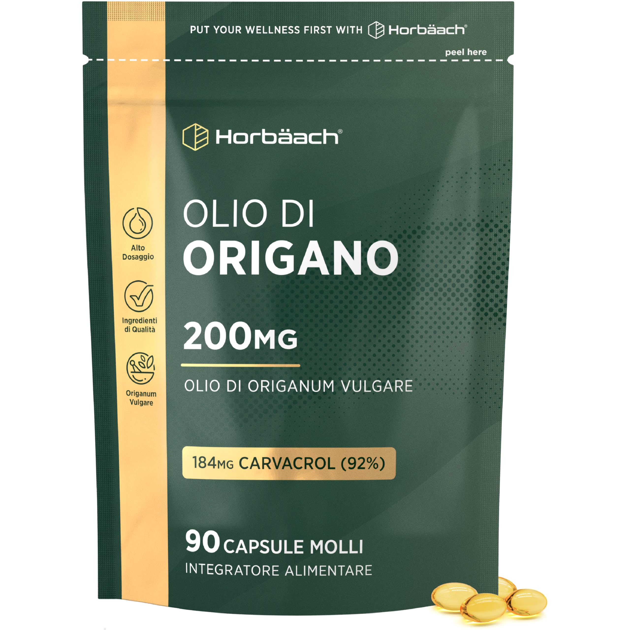 Olio di Origano Capsule 200mg | 90 Capsules | 184mg Carvacrolo | Alto Dosaggio | Integratore di olio di origano | Horbaach