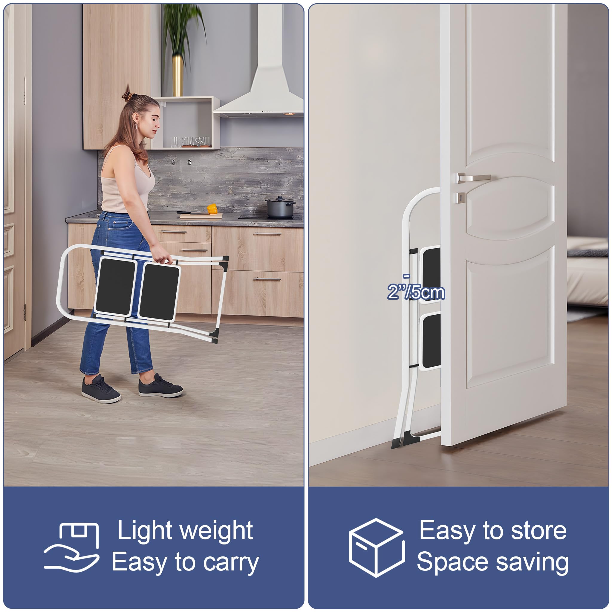 LARS360 Scala pieghevole a 2 livelli, in acciaio con gradini antiscivolo, portata 150 kg, pieghevole, per casa, cucina, ufficio, salvaspazio, solo 5 cm (nero + bianco)