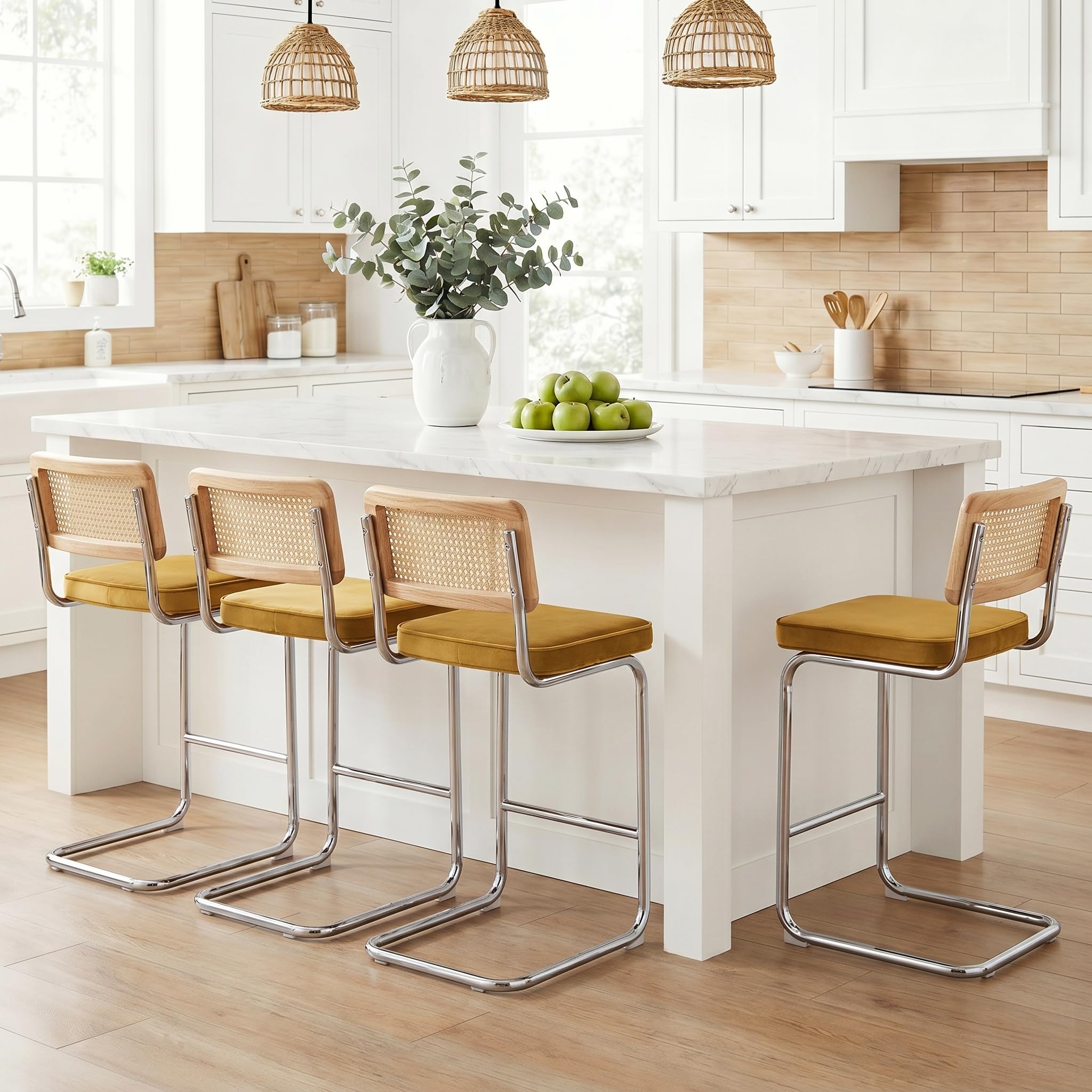 Zesthouse Natural Rattan Counter Stools Set of 4, 26" Modern Boho Barstools