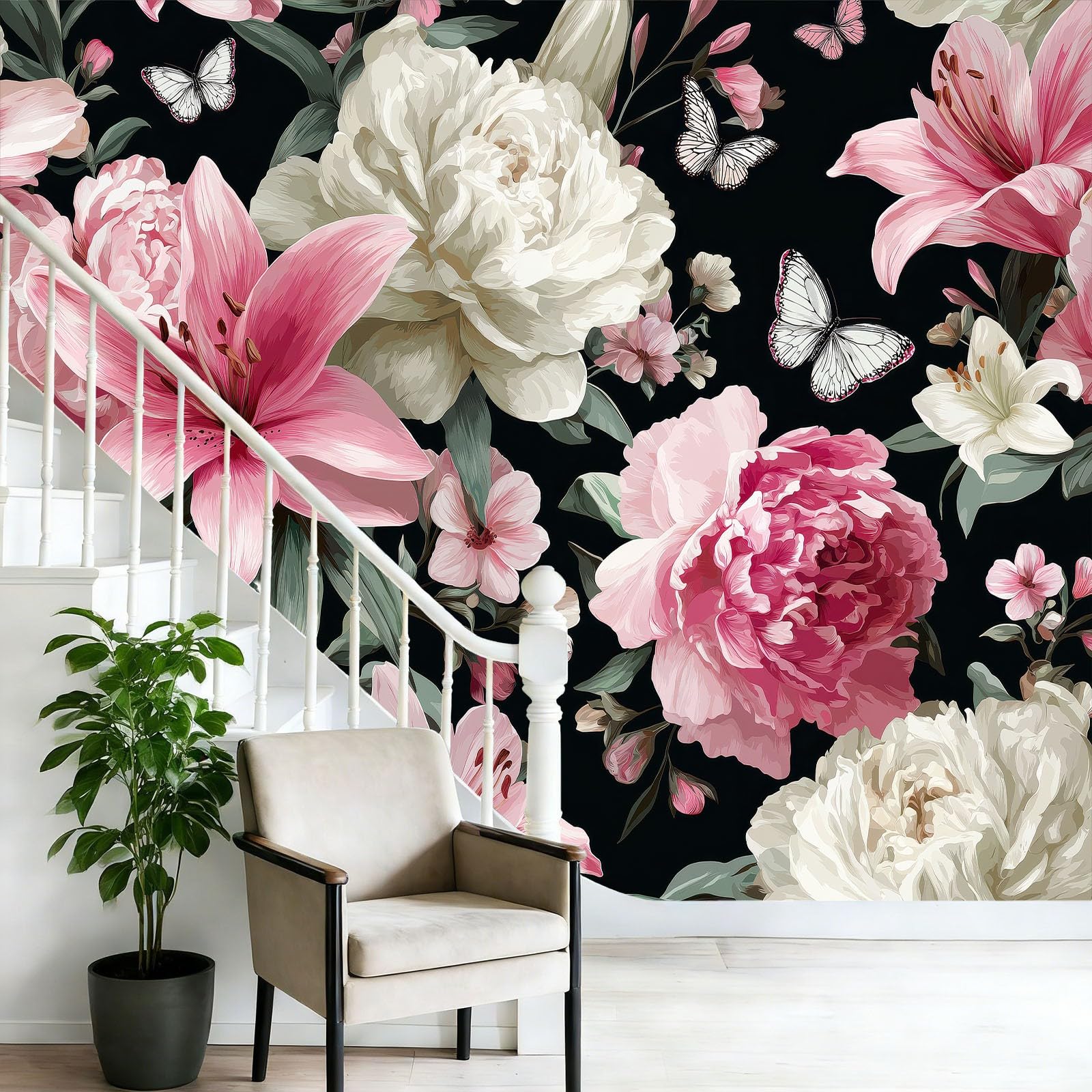 Kolorowa panoramiczna tapeta ścienna 300 x 210 cm, 3D wykwintna tapeta piwonia lilia motyl kwiatowy motyw fresk ścienny sypialnia salon dekoracja obrazu gigantyczny plakat ścienny