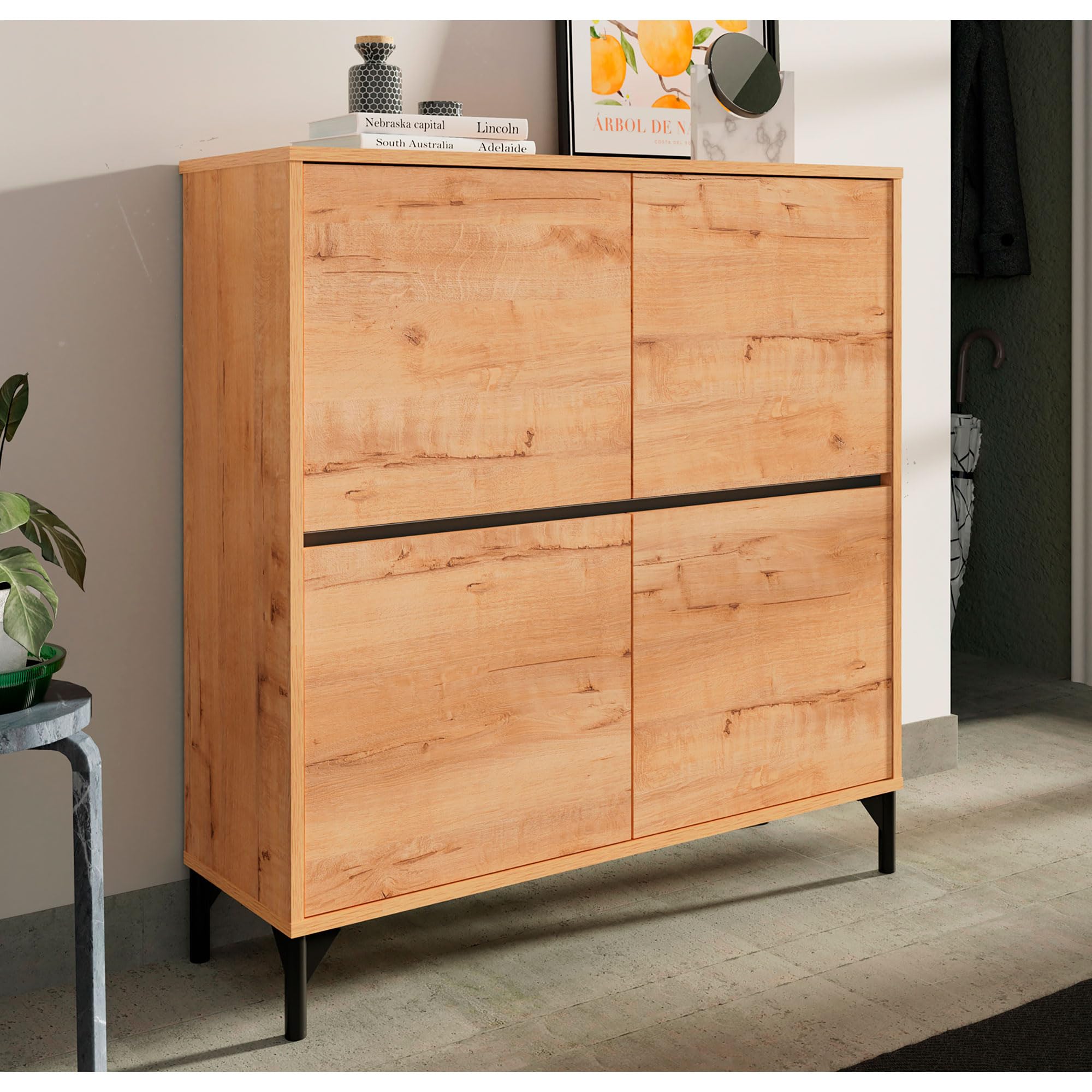 briebe Zapatero Entrada Recibidor, Mueble Auxiliar de Madera para Zapatos, 4 Puertas, 101x96,5x33 cm (Alto x Ancho x Profundo) 20 Pares Aproximadamente, Harmony Roble Gold