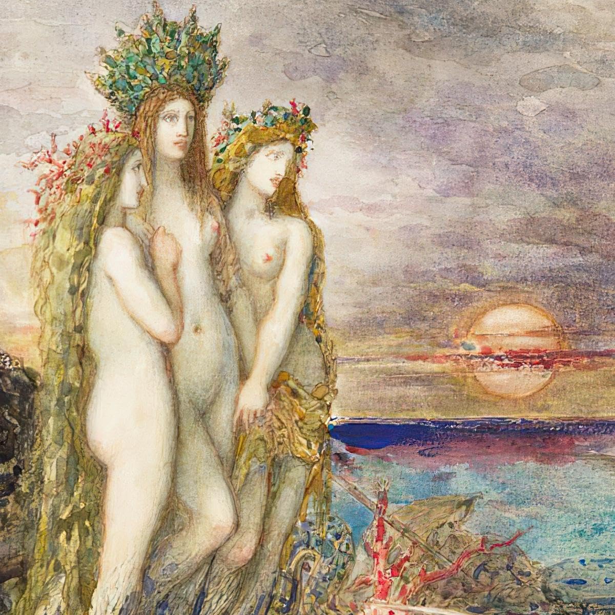 CheQuadro! Le Sirene Gustave Moreau, gmr46 quadro stampa su tela, arte moderna, fine art, arredo parete, decorazione casa, pronto da appendere 75x45 cm
