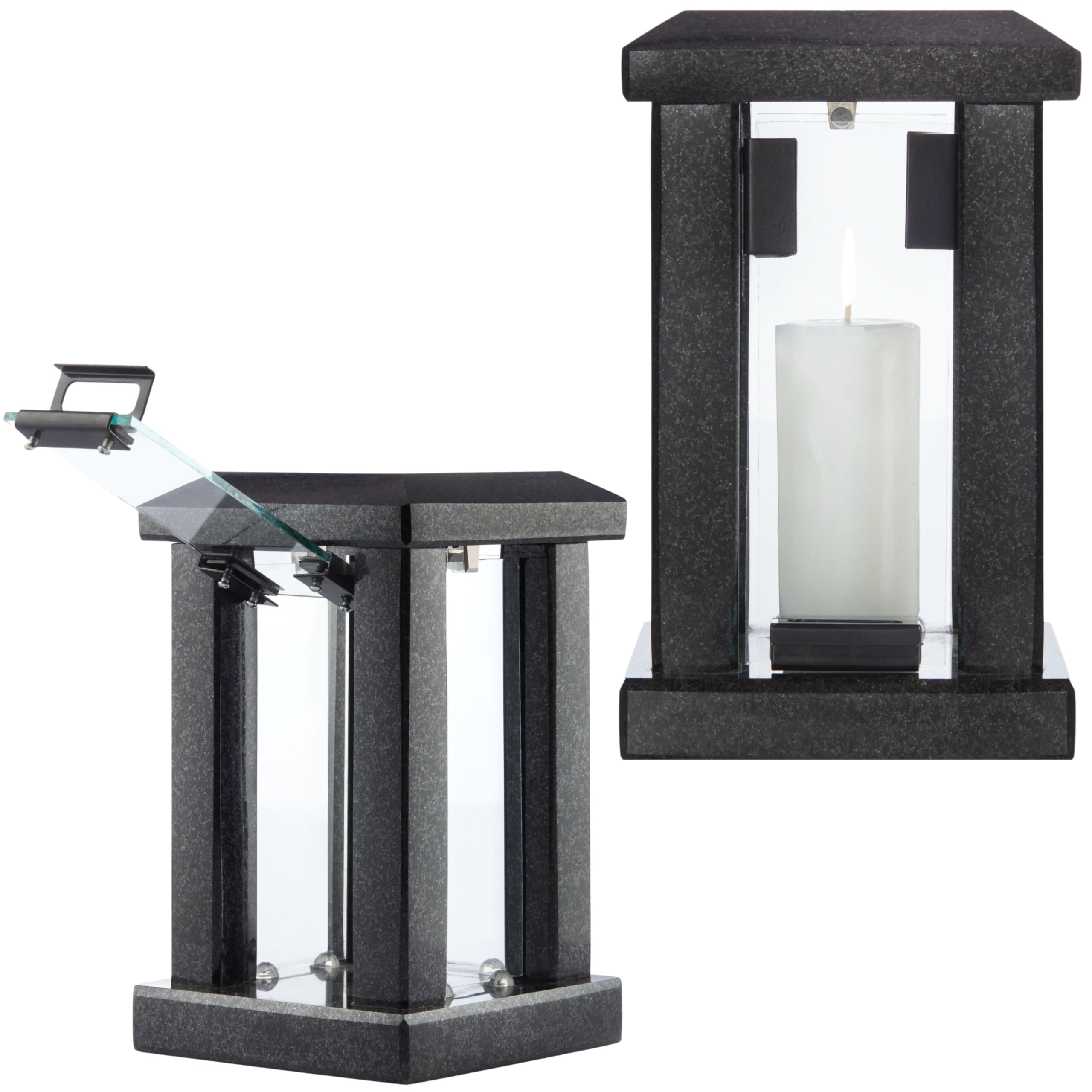 Large Granite Candle Lantern – H 22.6" (32cm) Highly Polished Black Stone - Heavy & Elegant Indoor or Outdoor Lantern, Versatile Use for Garden, Terrace, or Home - Square Modern Design