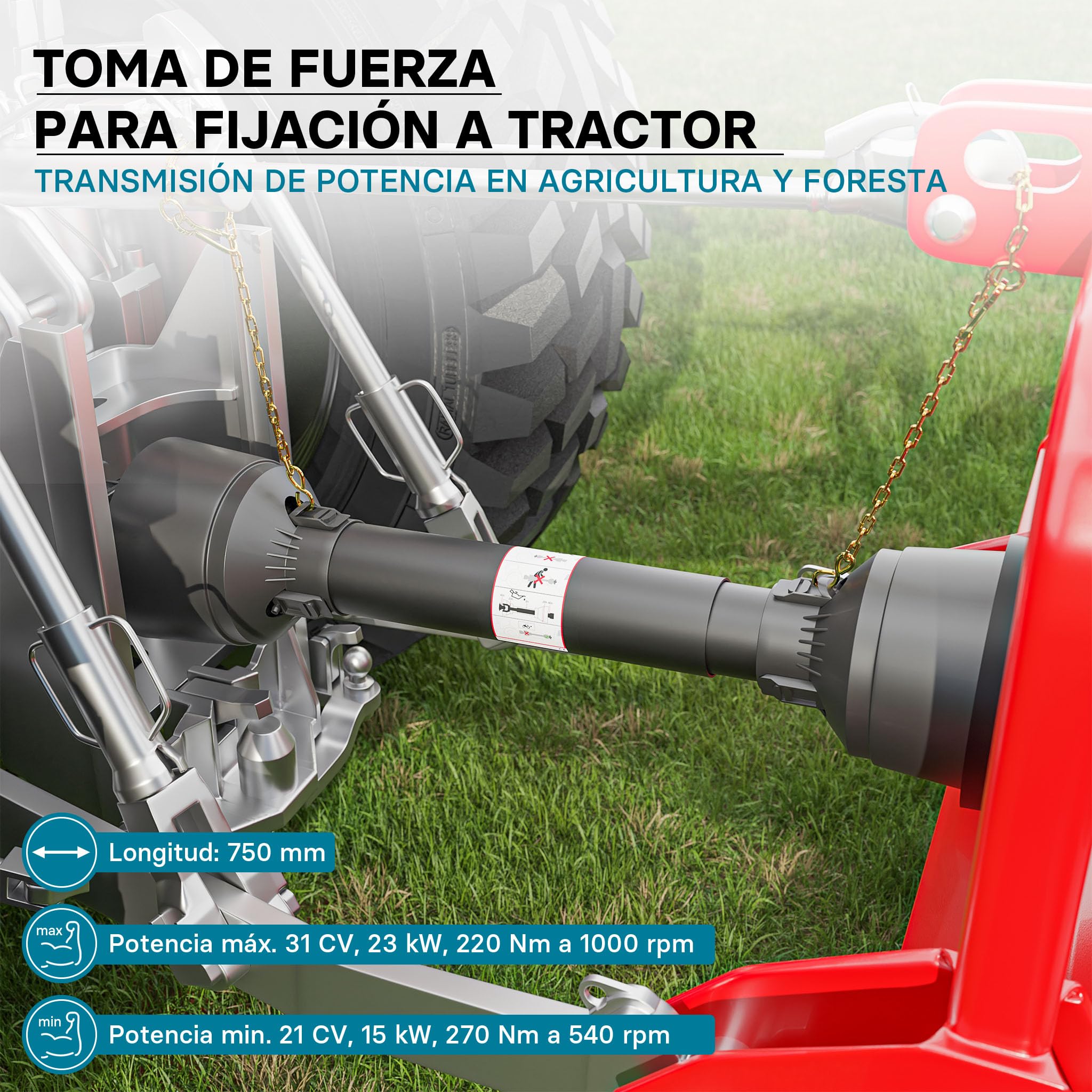 WilTec Toma de Fuerza T2 Eje transmisión cardán 750mm 270Nm 540rpm PTO 23kW (31CV) 2X 1 3/8" 6 Dientes - 2