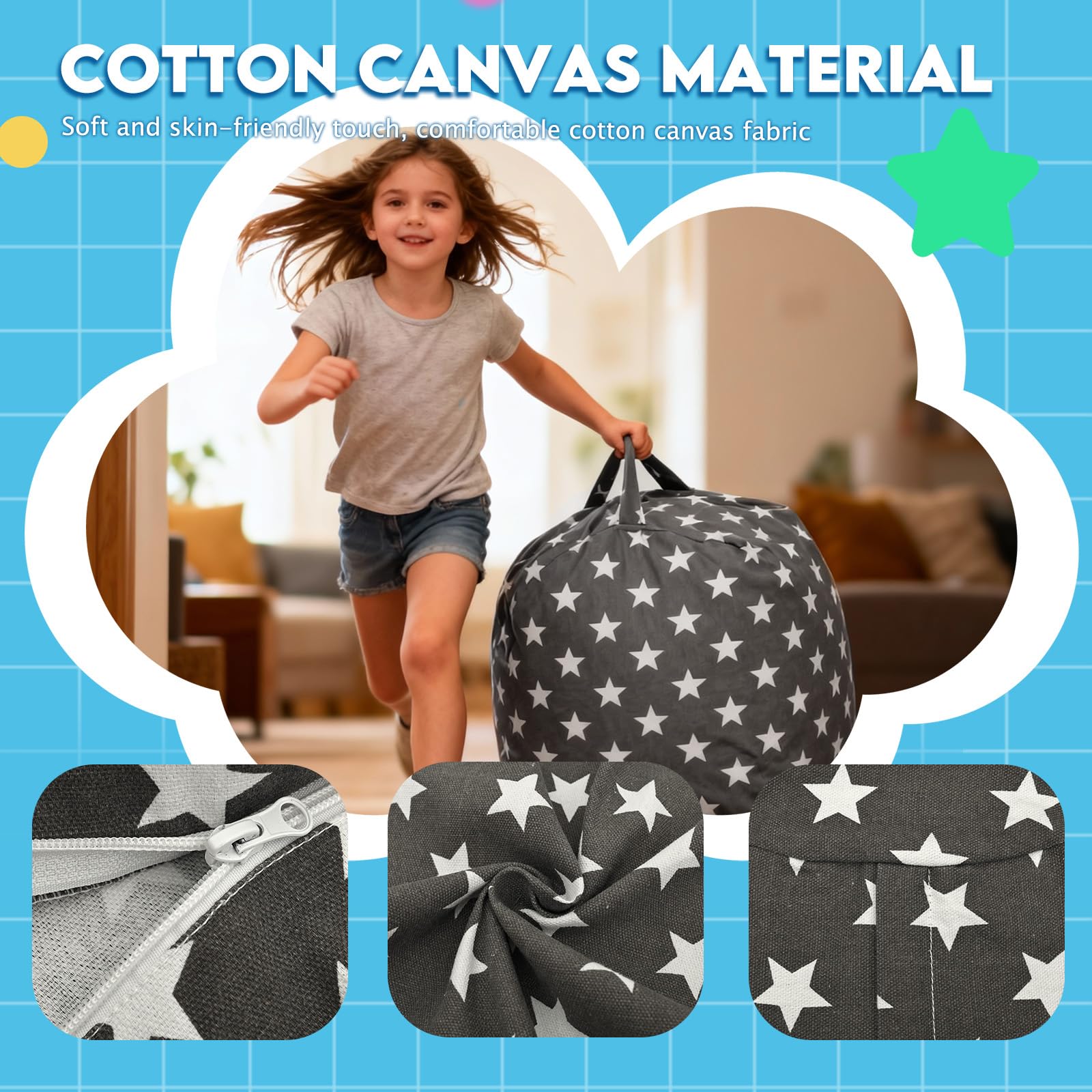 Borsa per giocattoli per animali domestici, per bambini, con chiusura lampo, per riporre giocattoli, per vestiti, giocattoli (pouf a stelle)