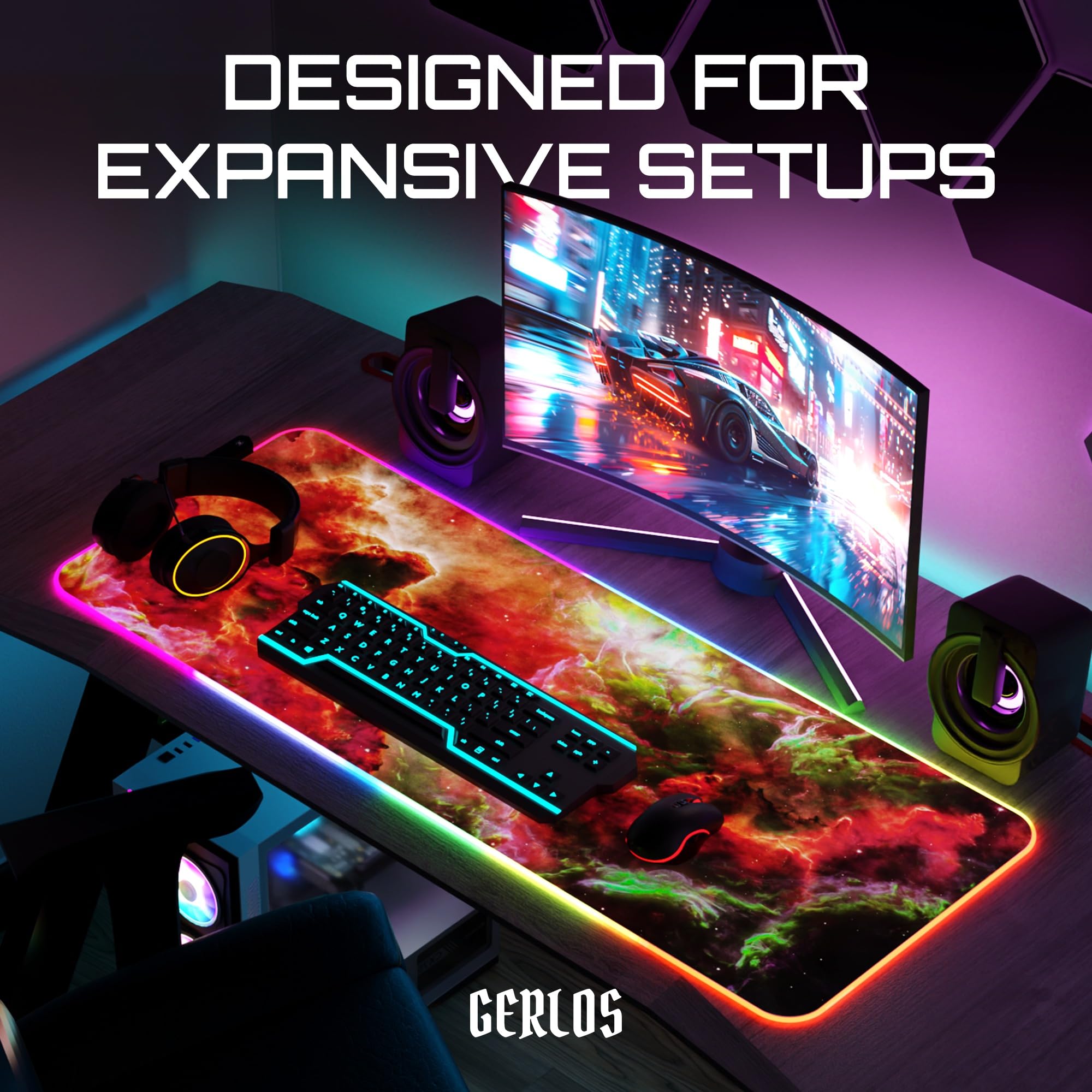 Gerlos Tapis de Souris de Jeu RVB, Grand Tapis de Bureau LED, 80 x 30 cm | 12 modes d'éclairage, base antidérapante, surface résistante à l'eau, bords cousus