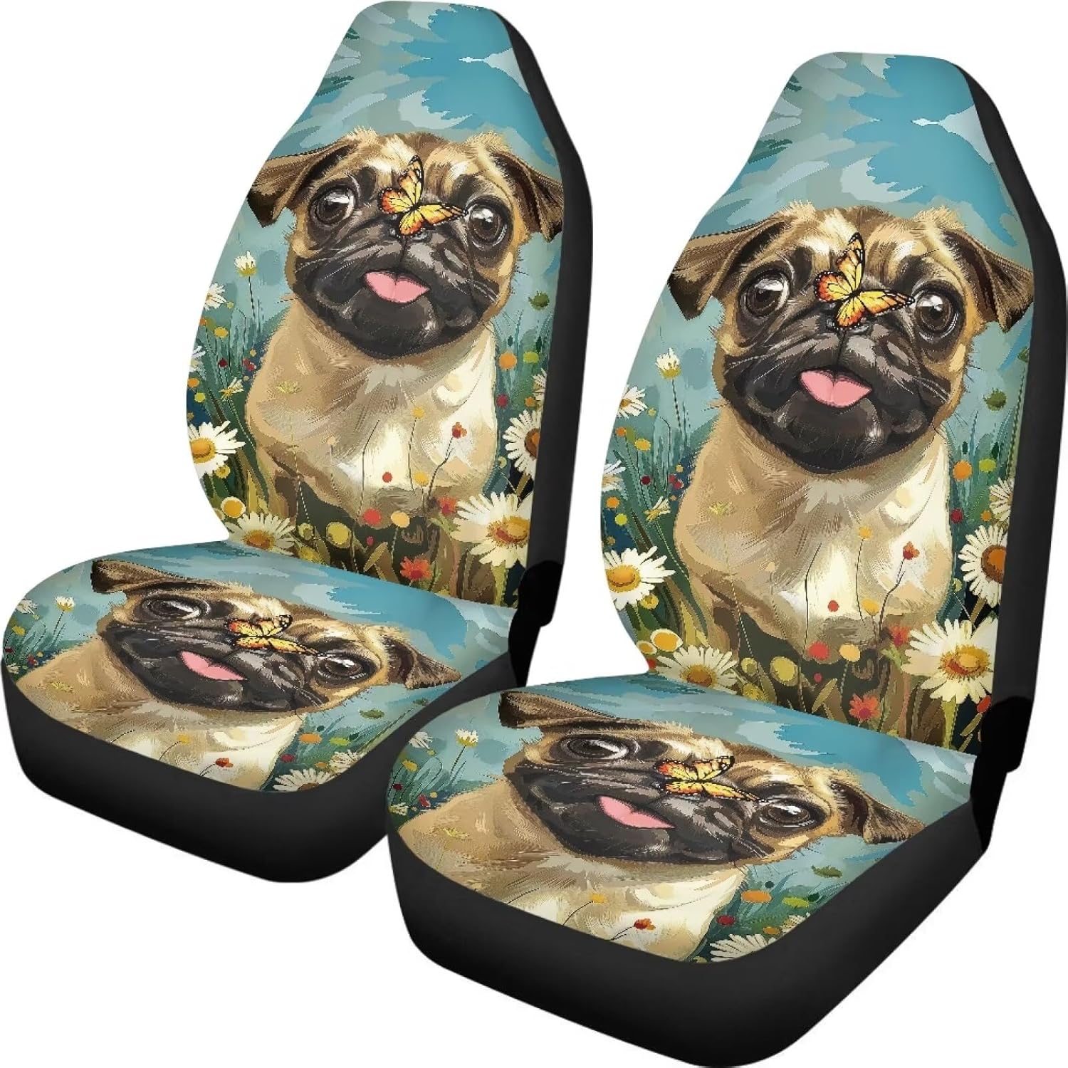 Suobstales Pug Dog Daisy Butterfly Print Seat Covers for Cars, Elastic Bucket Vehicles Seat Covers for 2 Front Seats Only, Breathable Auto Seat Covers Universal Fit for SUV Van Sedan Truck
