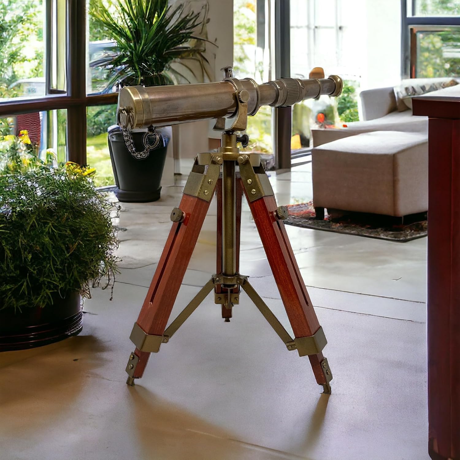 FYNJREX Nautical Brass Antique Telescope with Wooden Stand Home Decor Gift Rustic Vintage Home Decor Gift