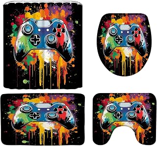 4Pcs Gamer Shower Curtain Sets with Rugs Gaming Video Game Colorful Graffiti Gamepad Cool Kids Boys Bathroom Accessories Set Bath Rugs(U Shape,Toilet Lid Cover Mat)