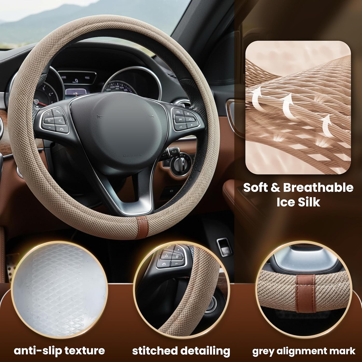 Universal Car Steering Wheel Cover for Summer, Non-Slip Breathable Cooling Steering Wheel Cover Protector with Brown Mark Upgraded Silicone Inner Ring for Summer D Shape & Round Shape, Khaki