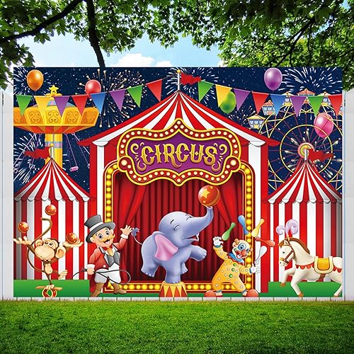 Miniatura 6 de DIZHI Cartel de fondo rojo de carnaval para fiestas de circo para niños y niñas, decoración de feliz cumpleaños, festivales y accesorios de fotos de