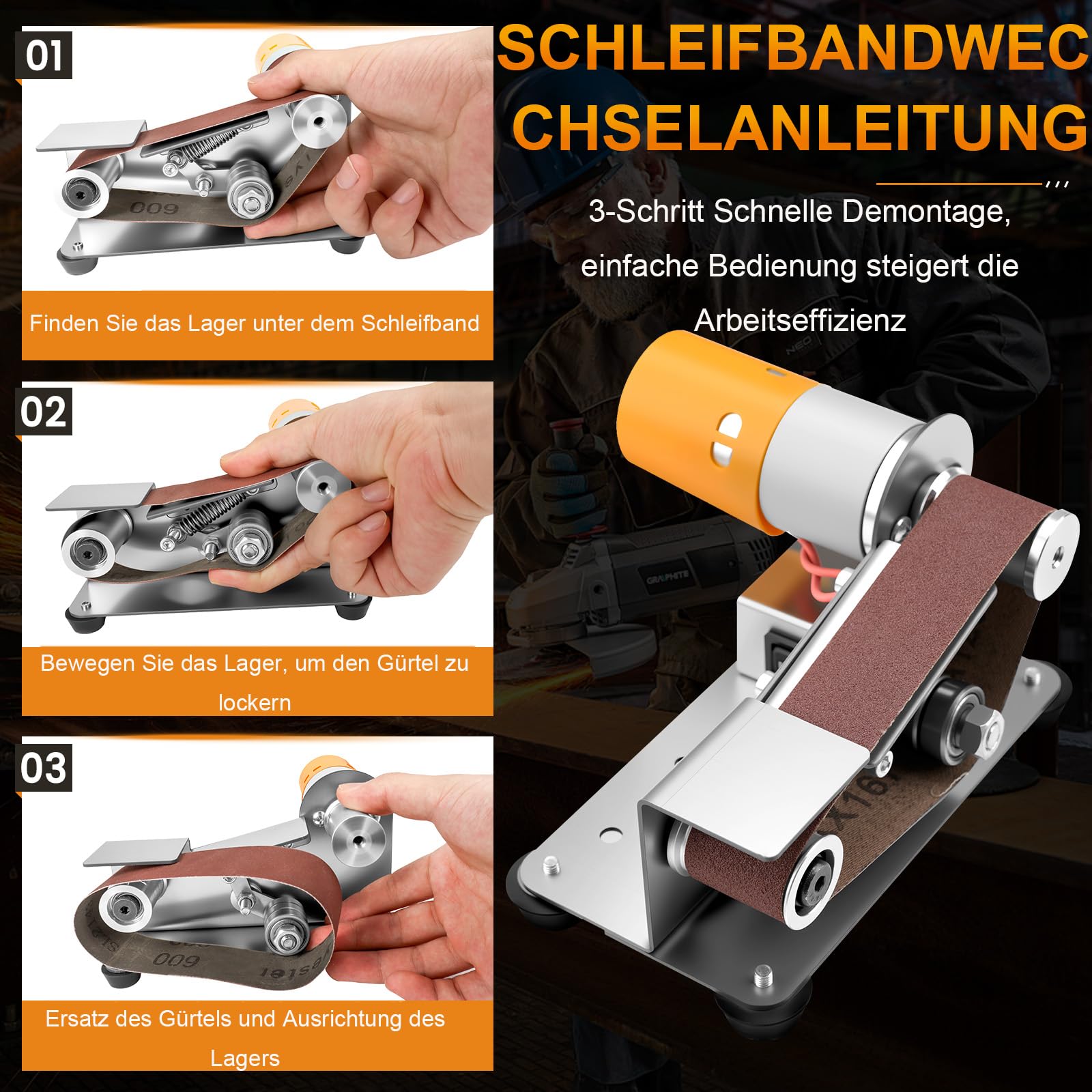 Elektrischer Bandschleifer, Klein Band Schleifmaschine 15 Grad Tischschleifer mit Festem Winkel, 7-Stufig Verstellbarer Polierer für Metall Holz DIY Handwerk, Werkzeug & Messerschärfen