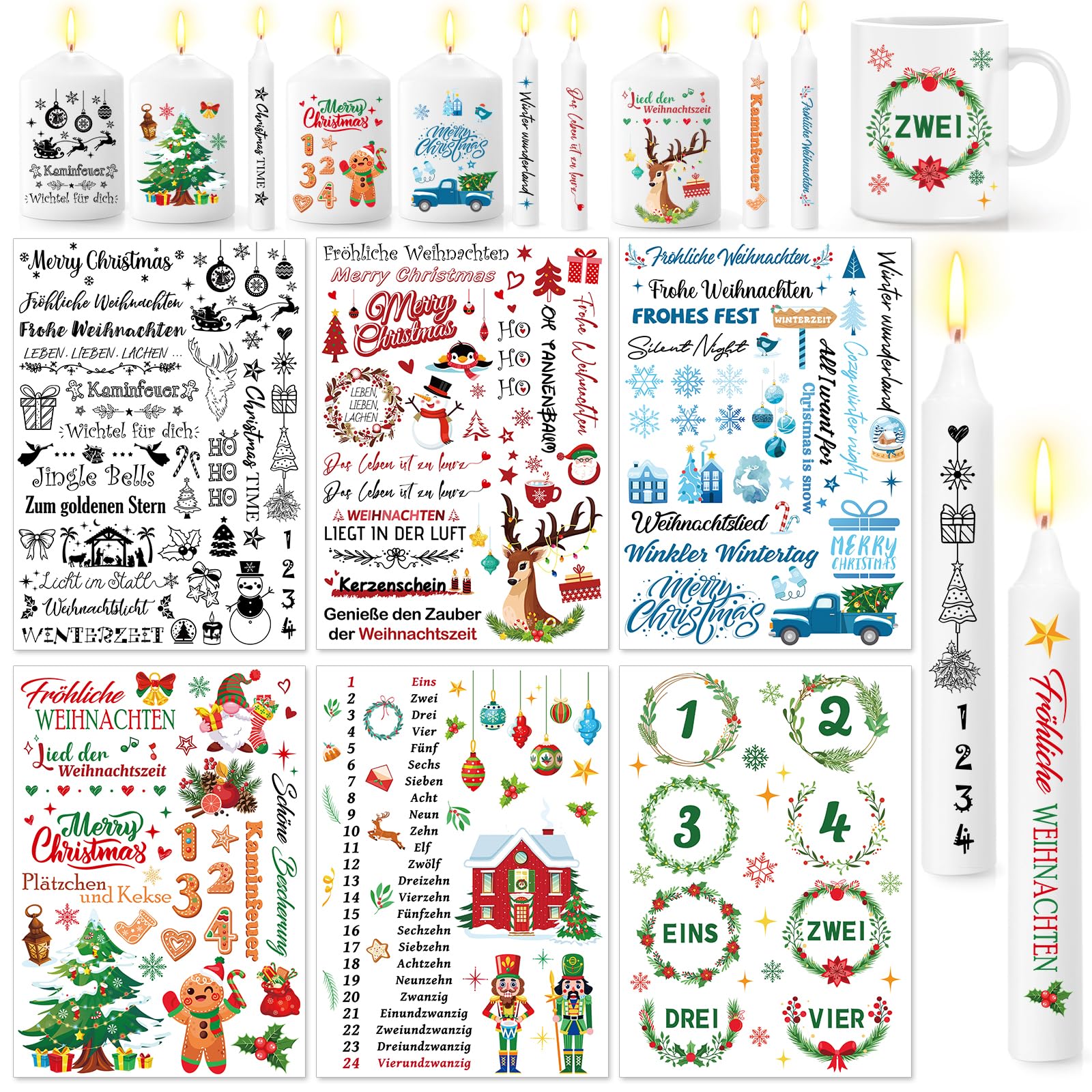 DPKOW Kerzentattoos Weihnachten - 6 Blatt Wasserschiebefolie für Adventskerzen, Stabkerzen Aufkleber, DIY Kerzenfolie Tattoo