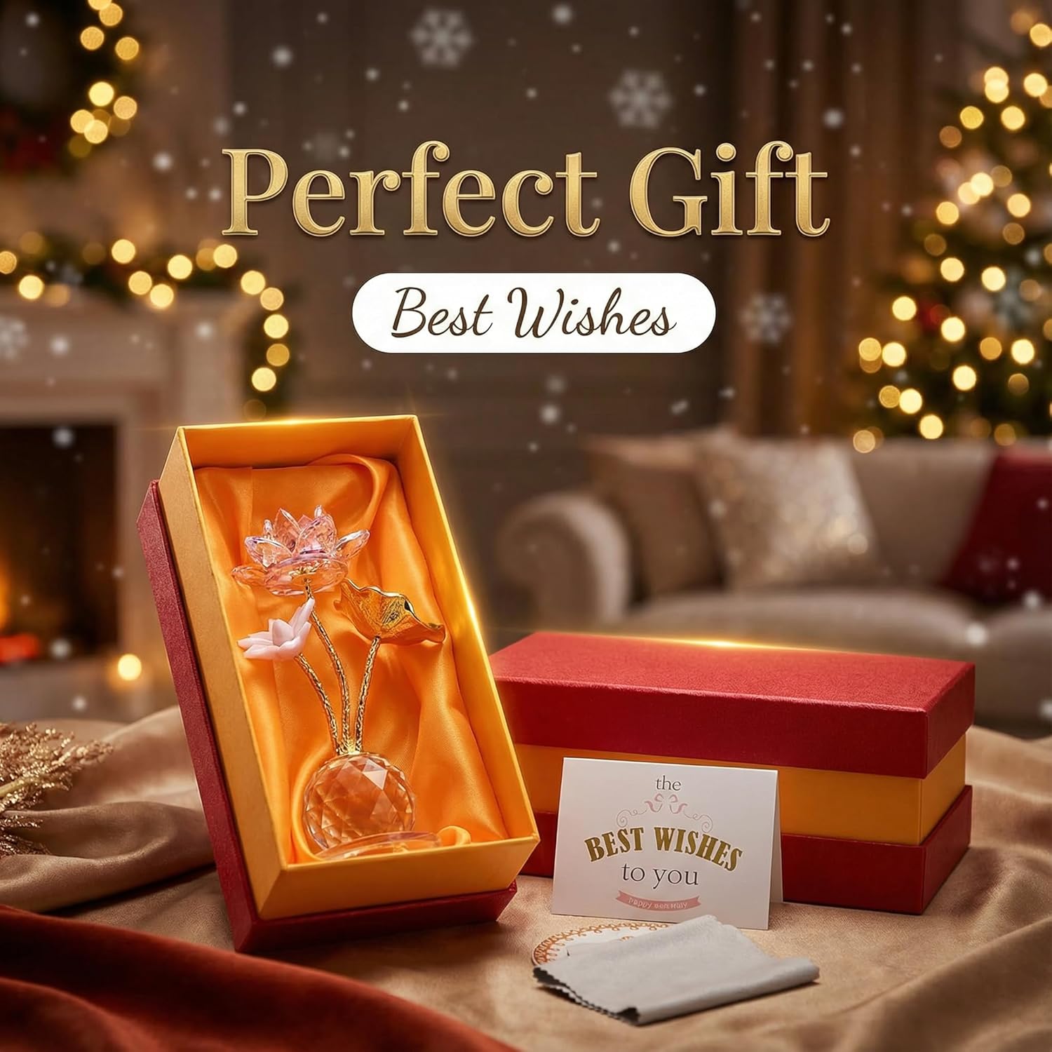 Crystal Lotus Flower Figurine with Vase - Handmade Glass Lotus Flower Home Decor, Good Luck Gifts for Women on Christmas Day Mother's Day Wedding Party Valentine's Day Wedding(Red)