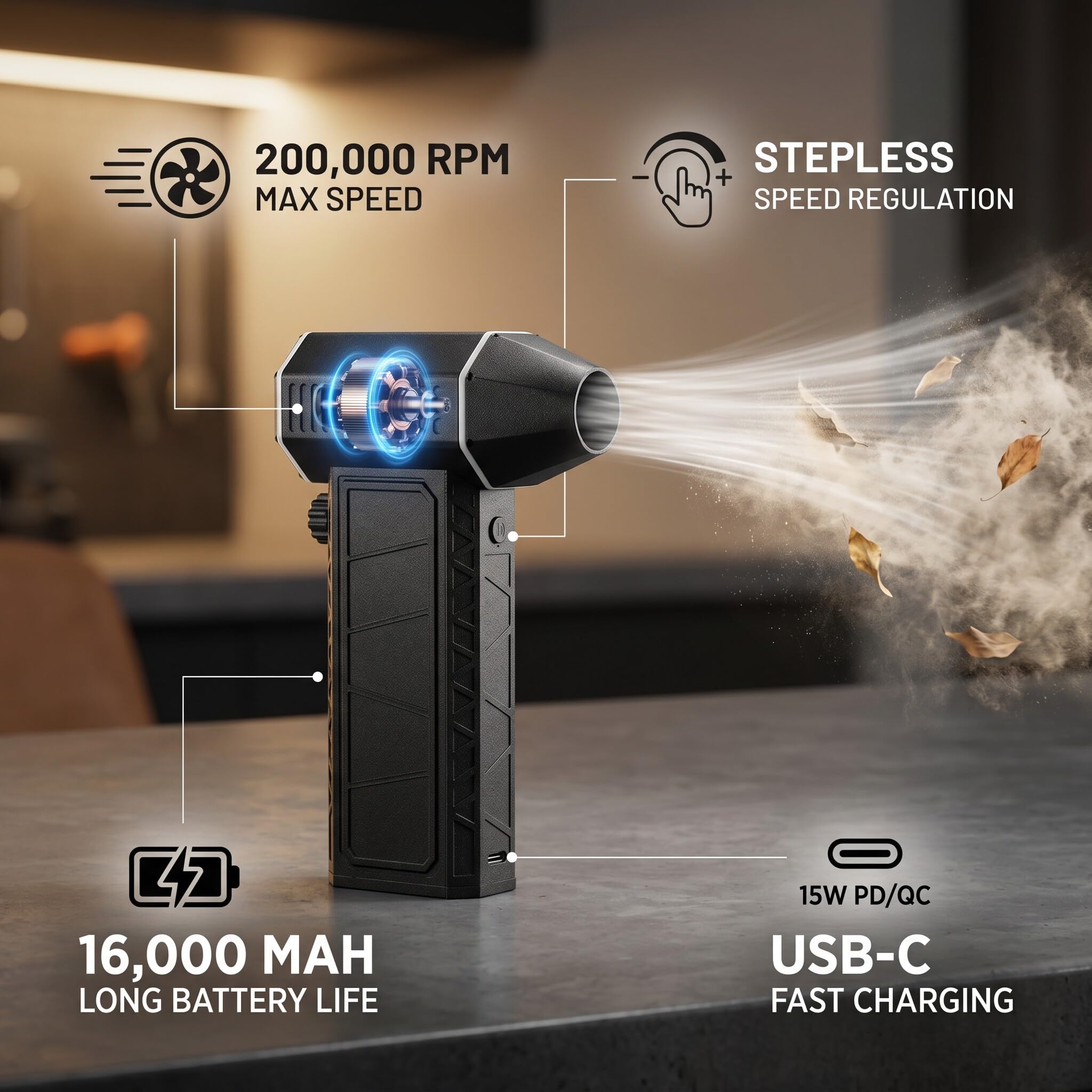 Soffiatore a secco, 200000 giri/min, regolabile, mini spolverino elettrico, ventilatore ricaricabile, detergente portatile per tastiera del computer, auto, campeggio, casa, asciugatura