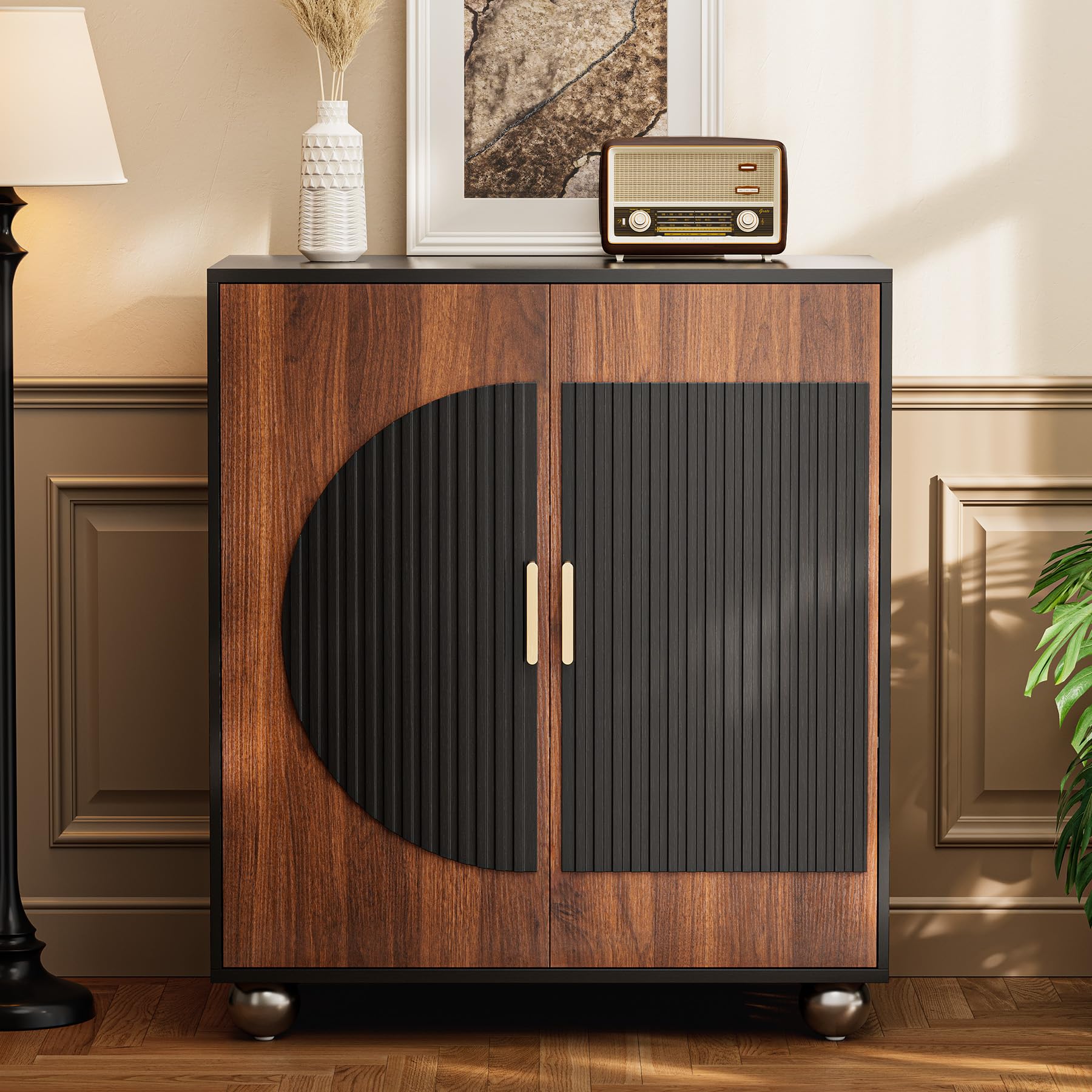 OTDMEL 29" Fluted Modular Buffet Cabinet with Storage, Mid Century Modern Sideboard Console Table Credenza w/Adjustable Shelves, Wood Coffee Bar for