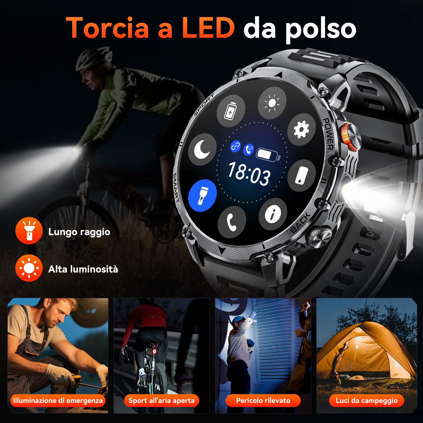 Smartwatch Uomo Militare, Batteria 1400 mAh, 1.7"HD Schermo, 2 Cinturini