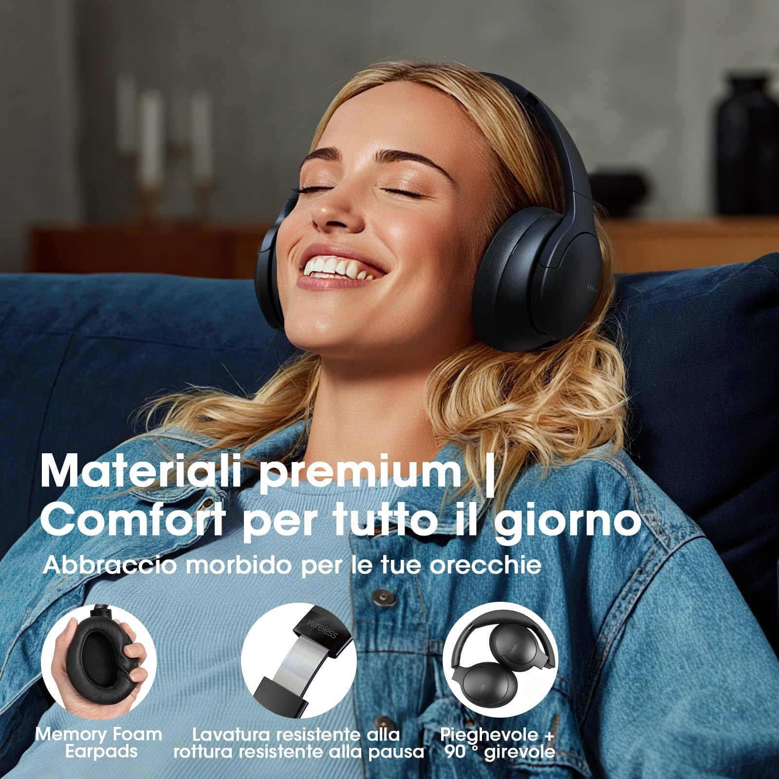 DOQAUS Cuffie Bluetooth Over Ear, Cuffie Wireless con 90 Ore di Autonomia, 9 Modalità EQ e Controllo APP, Audio HiFi con Bassi Profondi, Microfono Integrato, Pieghevoli, Modalità Cablata, Nero