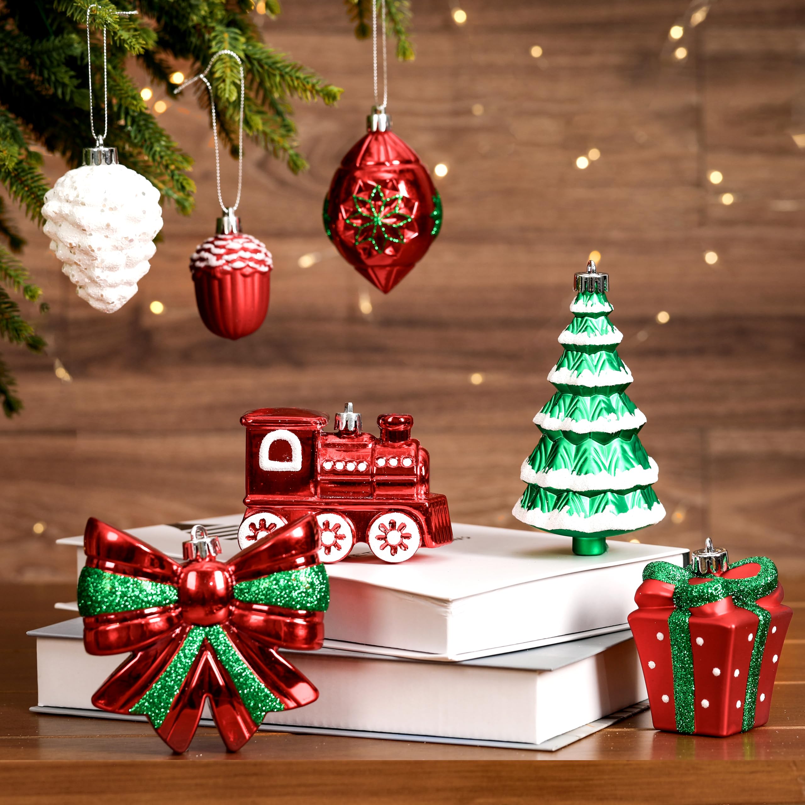 Alupssuc 82 Palline di Natale Infrangibili, Decorazioni Albero di Natale | 82 Pezzi Palline Albero di Natale, Corde Pre-appese, Plastica Infrangibile, per Albero/Casa/Feste, Rosso, Verde e Bianco
