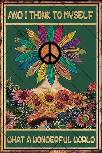 Cartel vintage de hojalata con letrero de paz hippie con girasol, niña y pienso en mí mismo, lo que es un mundo maravilloso, decoración del hogar,
