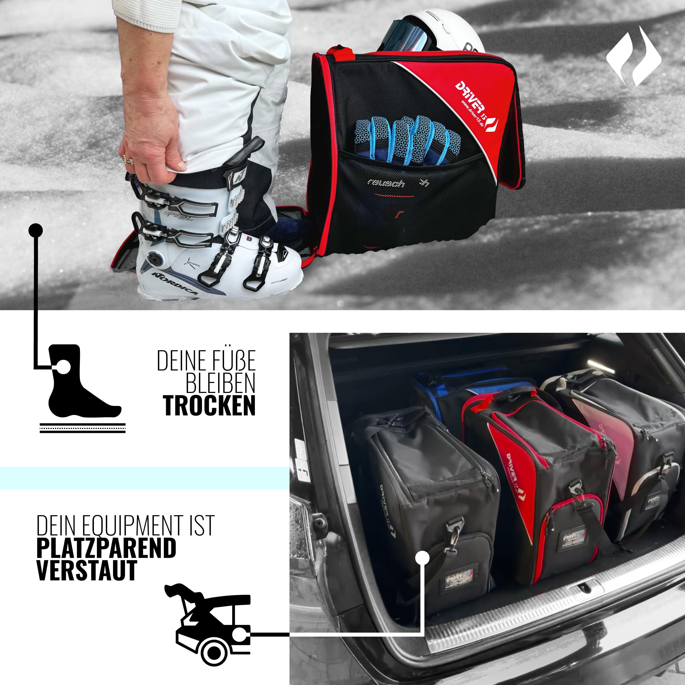Driver13 ® Bolsa para Botas de esquí Bolsa para Botas de esquí con Compartimento para Casco para Botas Blandas duras inliner y Bolsa para Botas Negro-Rojo