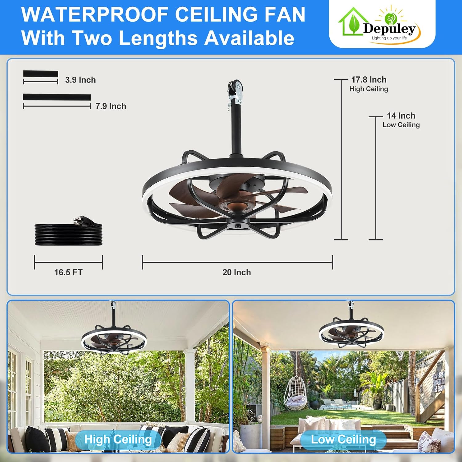 Depuley 20" Outdoor Ceiling Fan with Lights, Walnut and Black Waterproof Gazebo Hanging Fan with Remote App Control, Dimmable Plug in Caged Outdoor Ceiling Fans for patios Porch 6-Speeds