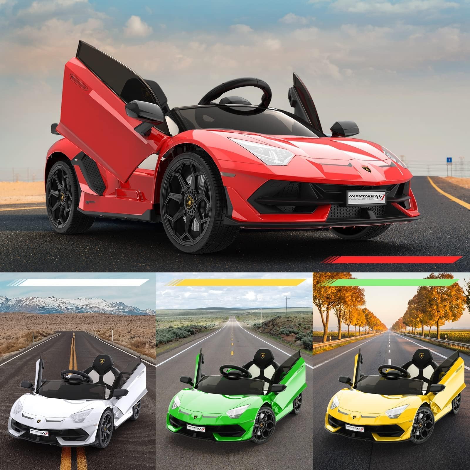 12V Elektroauto für Kinder im Lamborghini-Stil – Elektrisches Kinderfahrzeug mit Fernbedienung, hydraulischen Flügeltüren, Federung, LED-Licht, Musikfunktion, Sicherheitsgurt, robust – Für