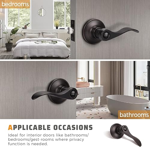 Miniatura 3 de KNOBWELL Paquete de 2 pomos de puerta de bronce, palancas interiores para dormitorio, baño, cepillo frotado sin llave, manija de puerta de