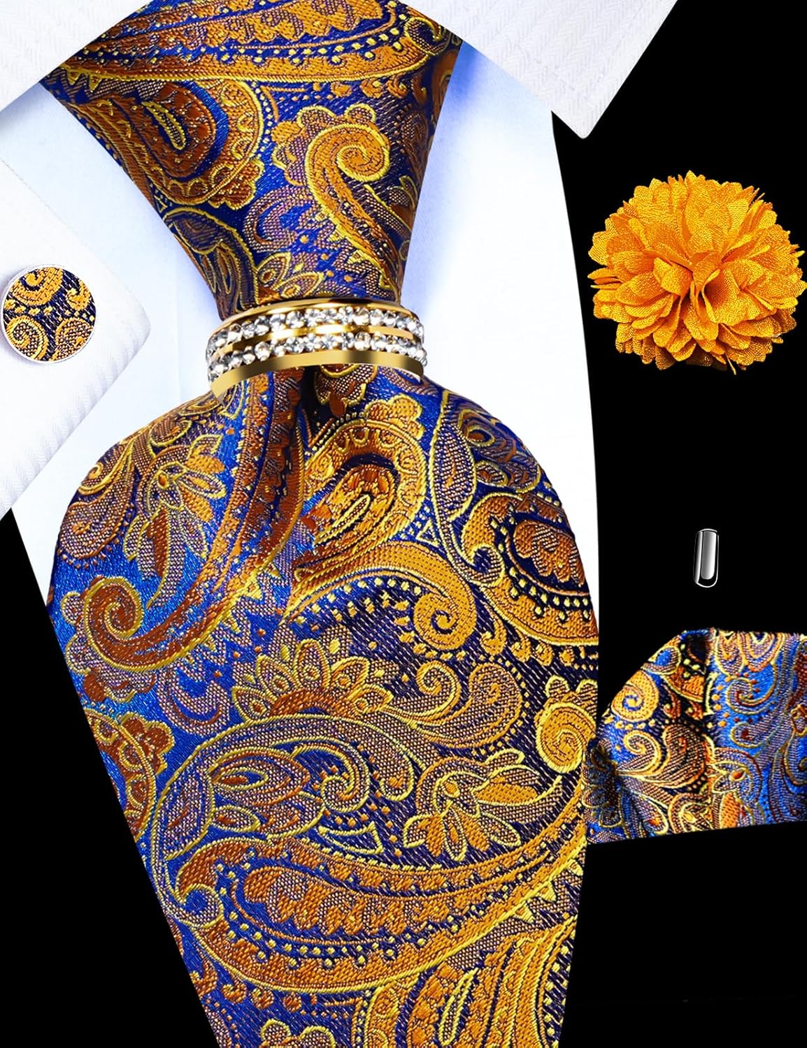 5PCS Tie and Pocket Square for Men, Silk Necktie and Handkerchief Cufflinks with Gold Ring and Lapel Pin Set - Image 5